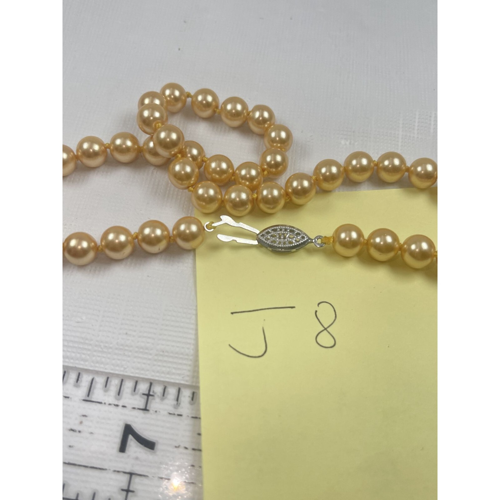 Hand Double Knot Golden Yellow Pearl Beaded Necklace 18″ Collar Filigree Clasp