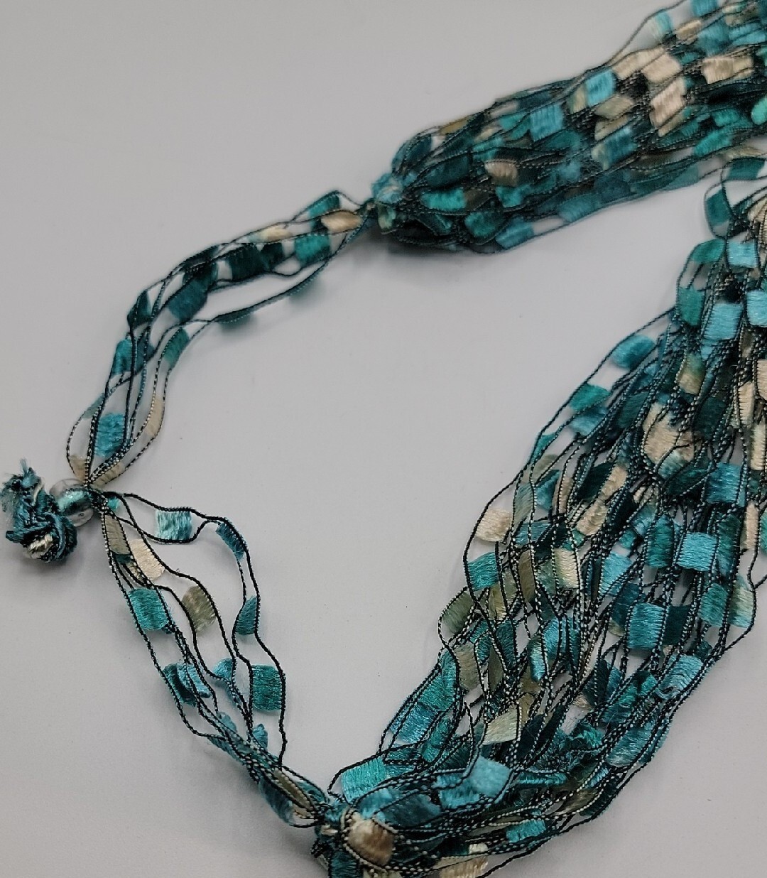 Scarf Ribbon Necklace Turquoise White Block Pattern 24″ Necklace VTG
