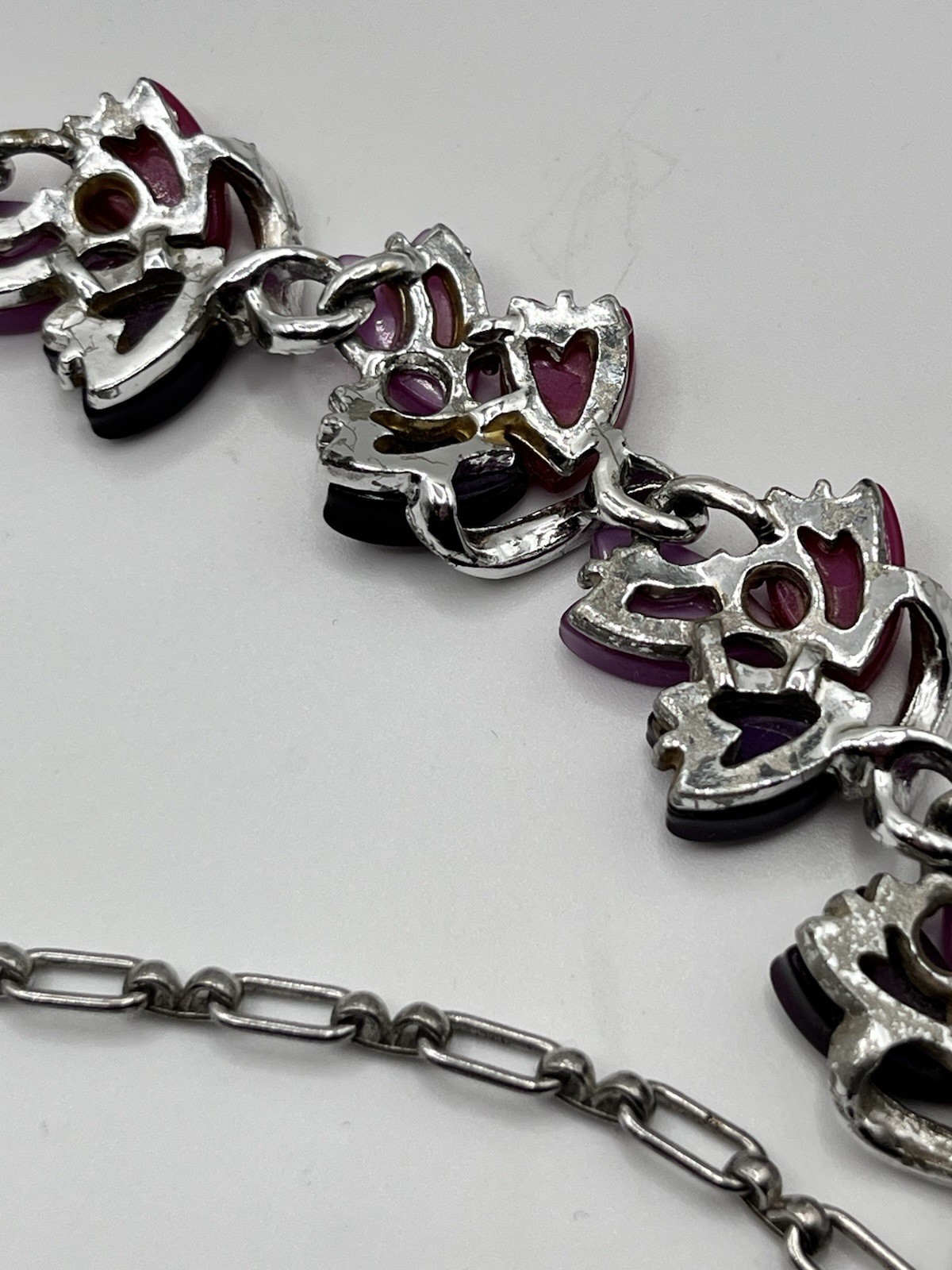 Vintage Purple Pink Fuscia Thermoset Choker Necklace Silver Tone Dainty 14-15”