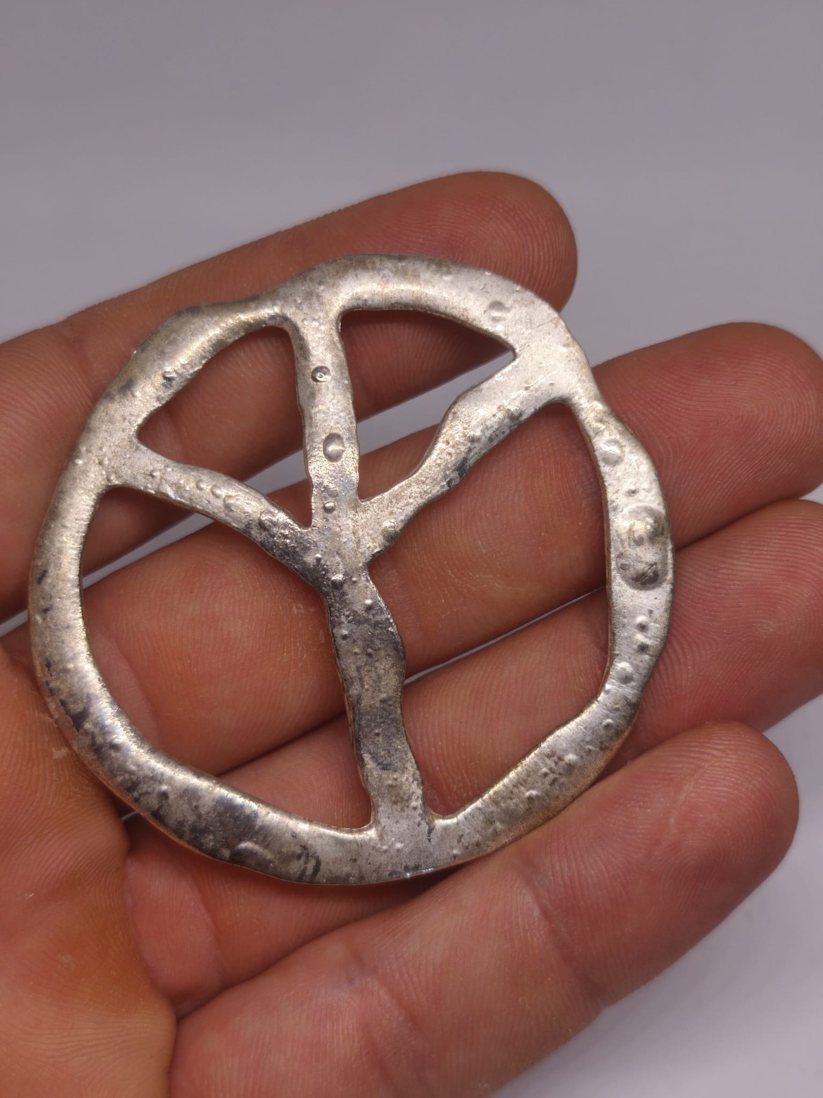 Large Vintage Peace Sign Pendant Silver Tone Hammered Metal Hippie Boho Festival