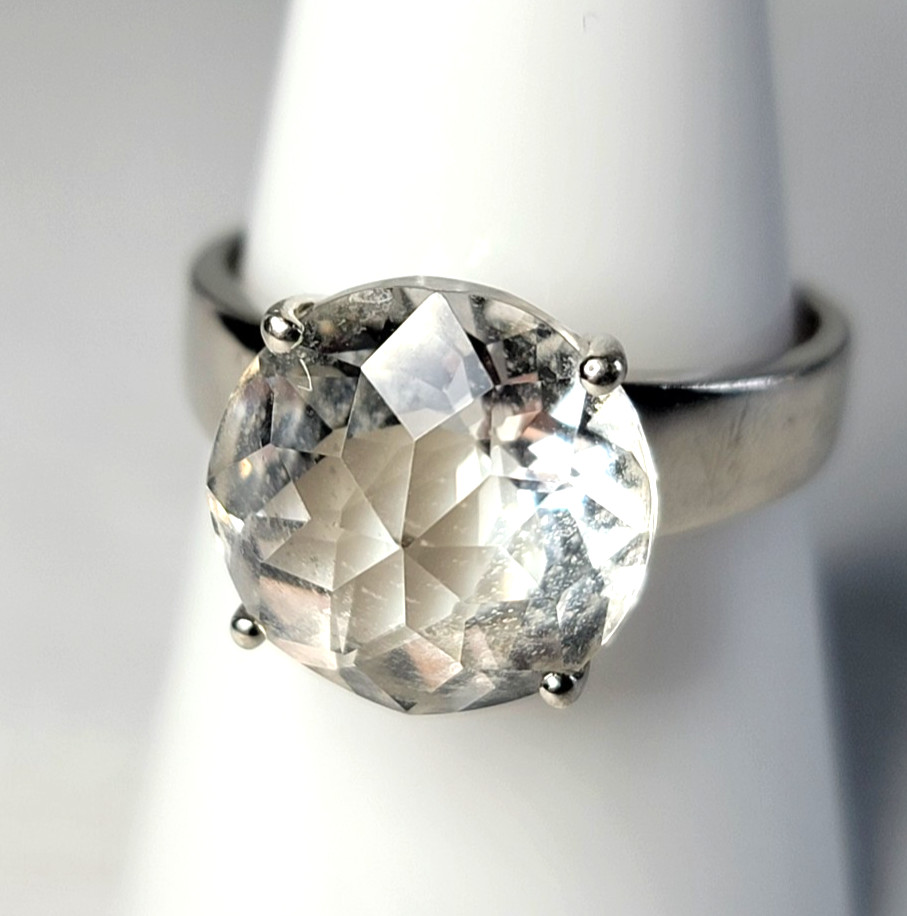 Natural Clear Quartz Ring 925 Sterling Silver 12mm Healing Crystal Size 7.75