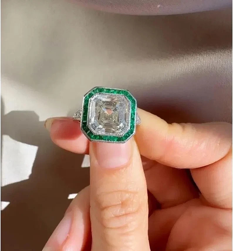 Art Deco Asscher Cut Lab Created Diamond and Emerald Halo 14K White Gold FN Ring