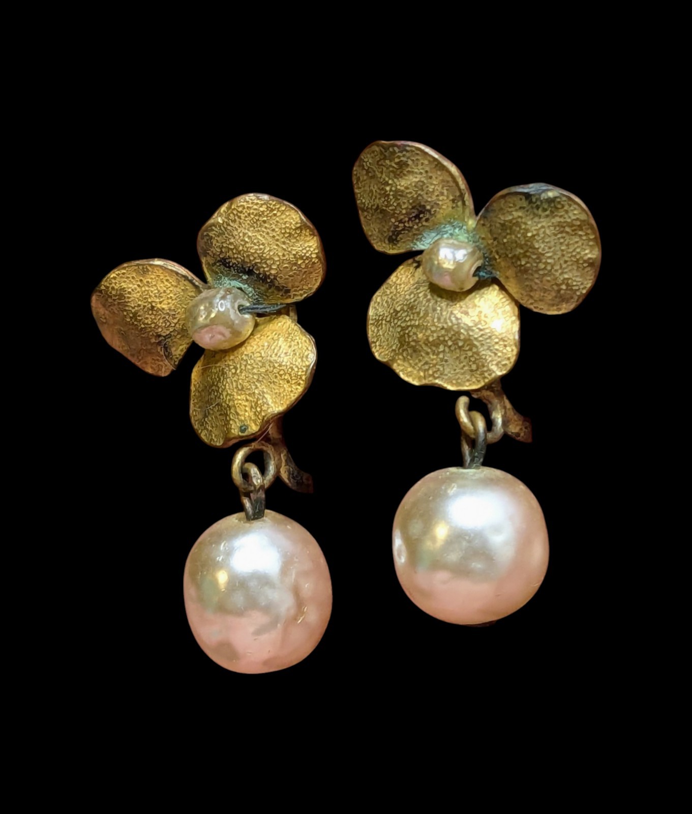 Vintage Miriam Haskell Faux Baroque Pearl Pansy Flower Clip On Earrings
