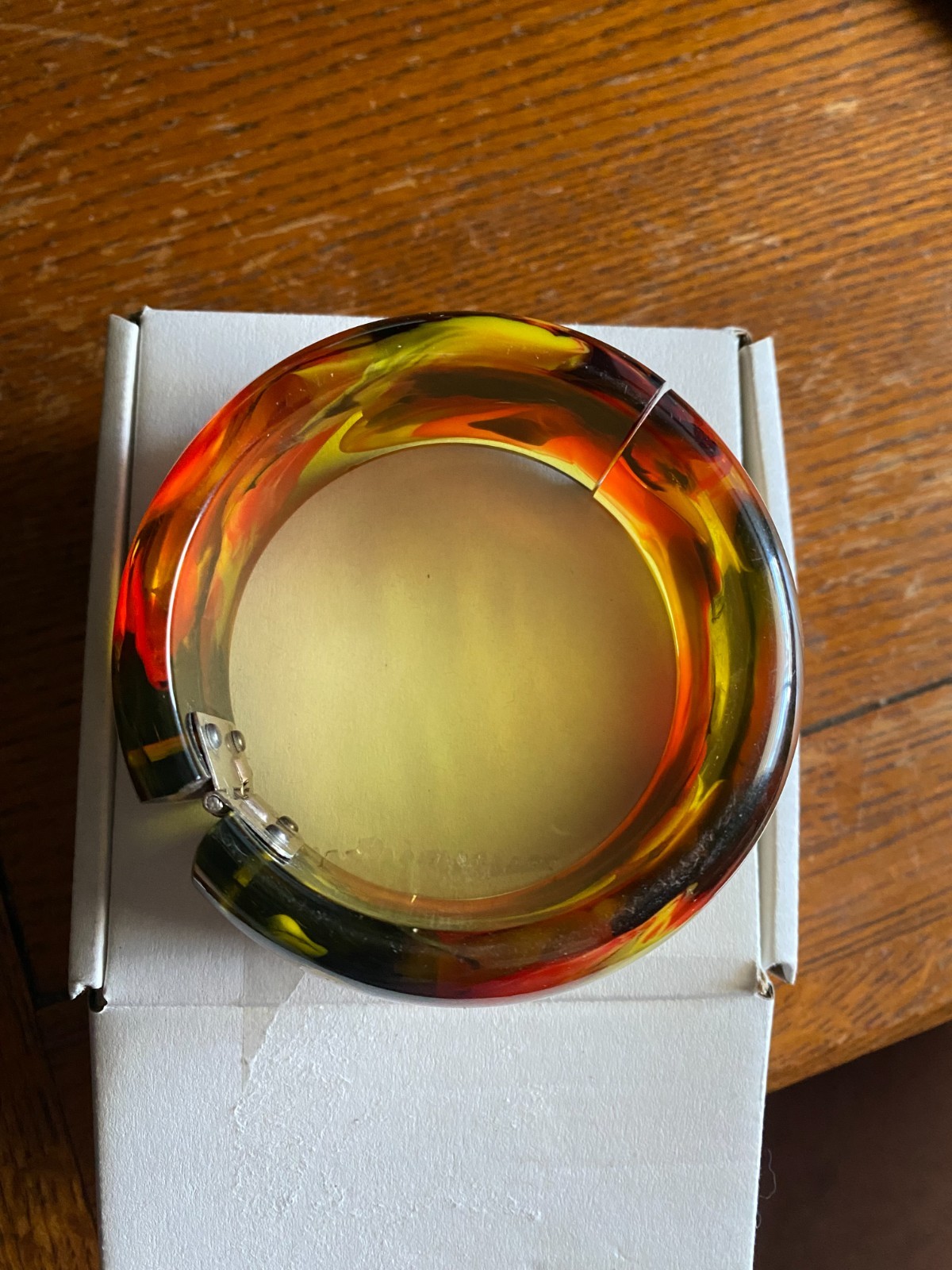 vintage bakelite hinged bangle mulity colors with off white dots signed Pantti