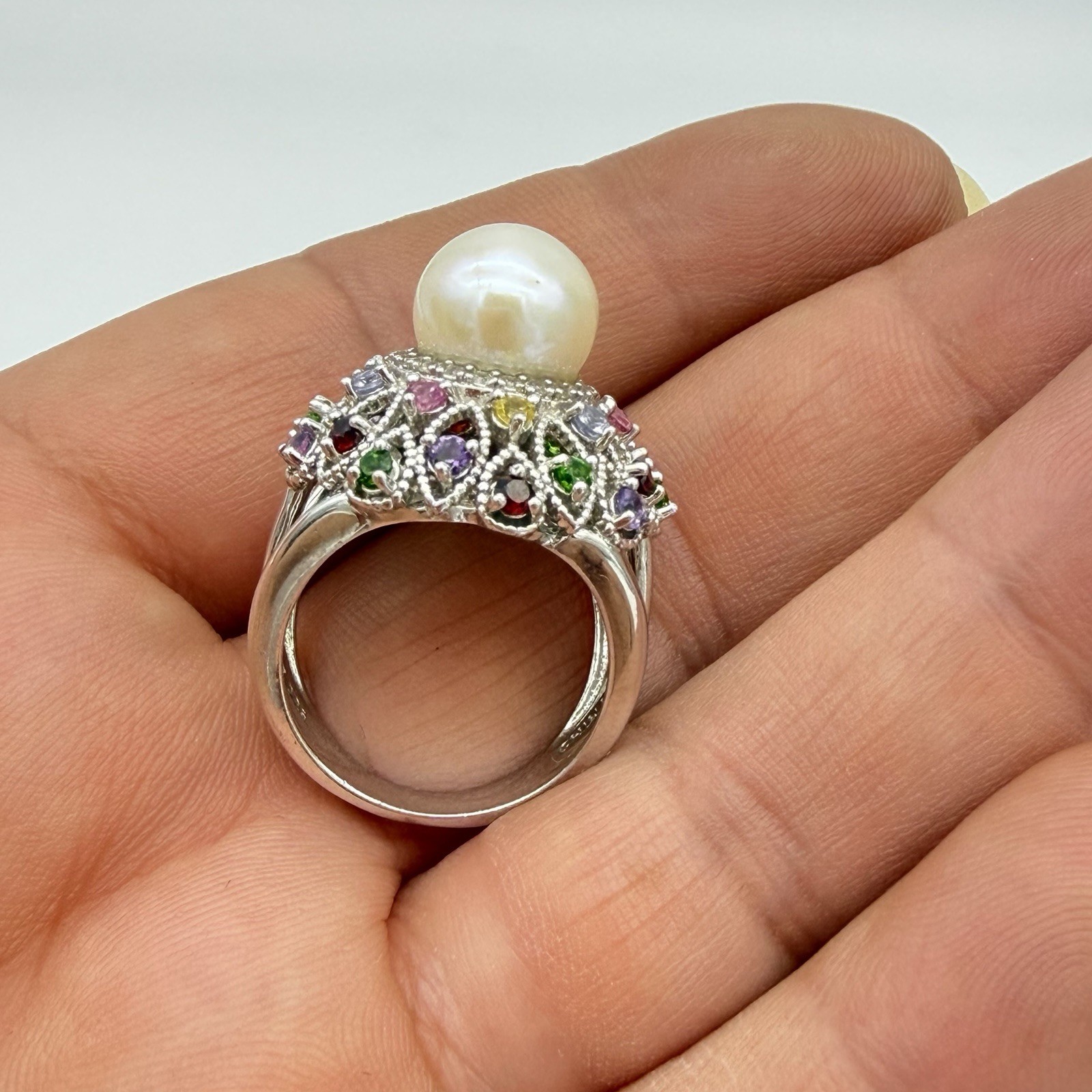 Vtg JZ Sterling Silver Pearl Gemstone Princess Ring Garnet Period Size 6 QVC