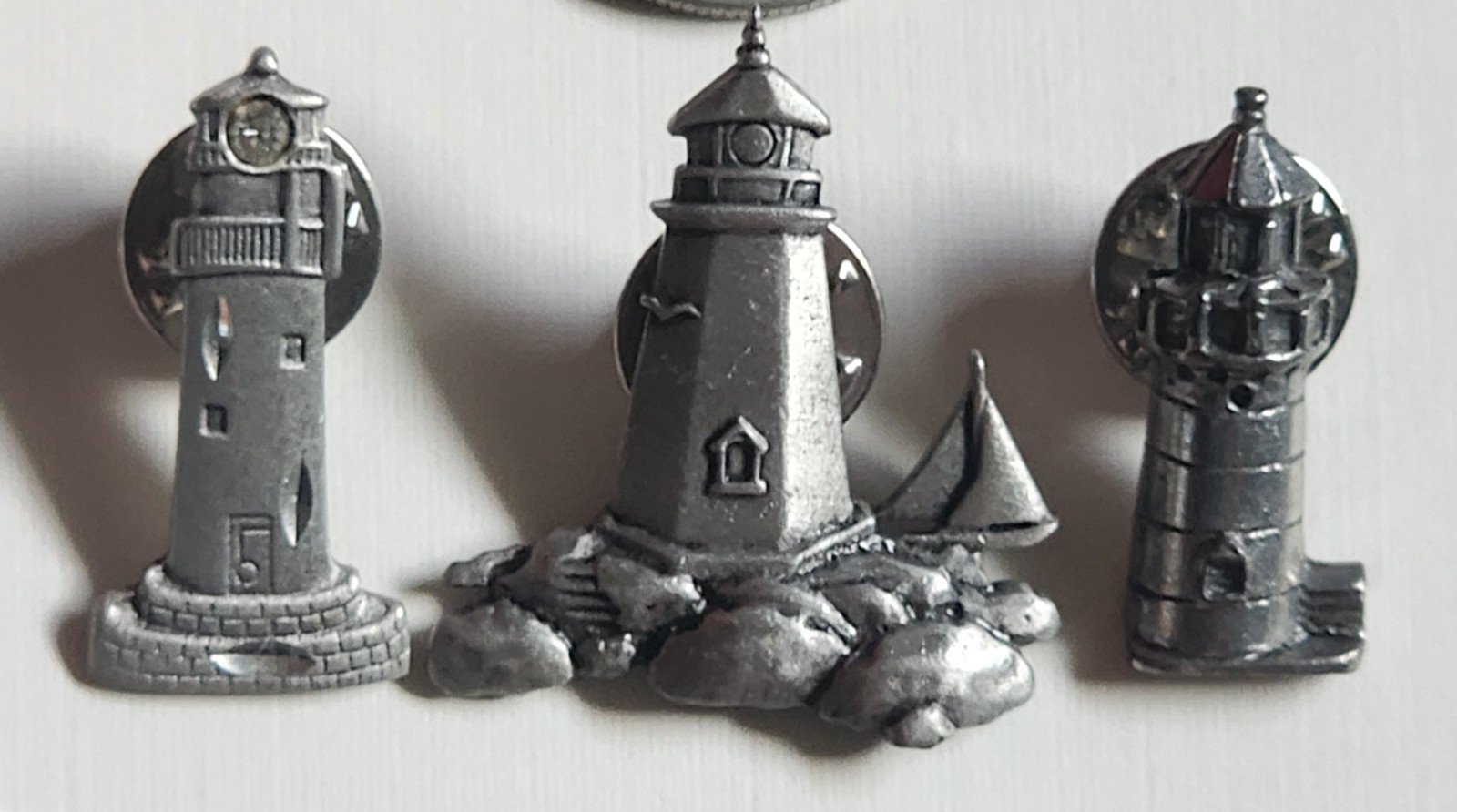 Lot Of 3 Vtg Pewter LIGHTHOUSE PINS RHINESTONE 80s 90s Jonette Jewelry Jim Clift