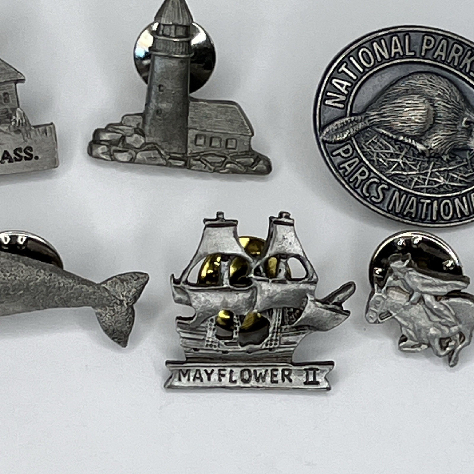Vintage Mixed Lot 6 Pewter pins Shame Lighthouse Paul Revere Mayflower more SLX