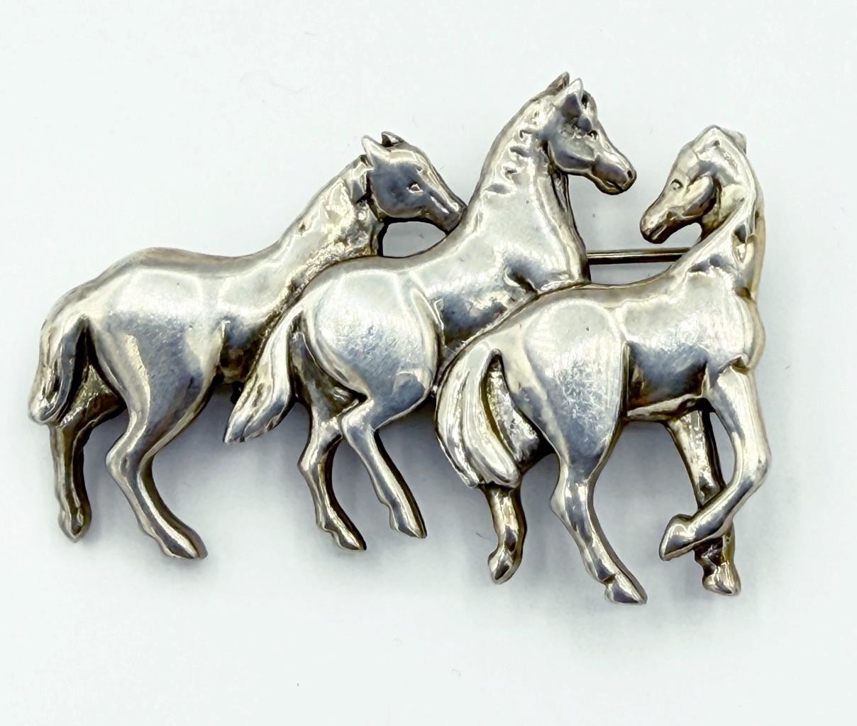 Vintage Sterling Silver Running Horses Pin by Artist Carol Felley