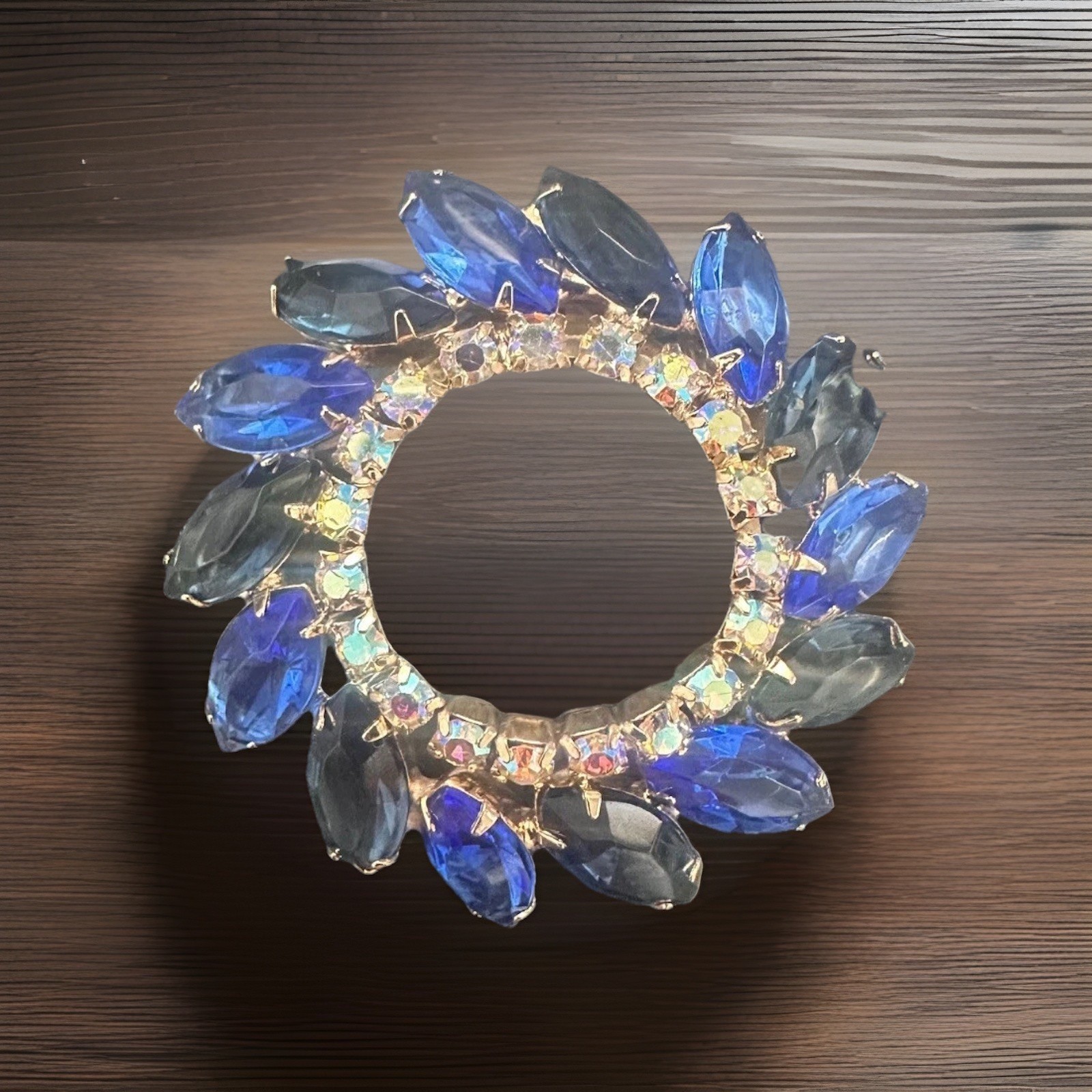Vintage Flower Aurora Borealis Rhinestones Gold Tone Brooch Pin-1950s