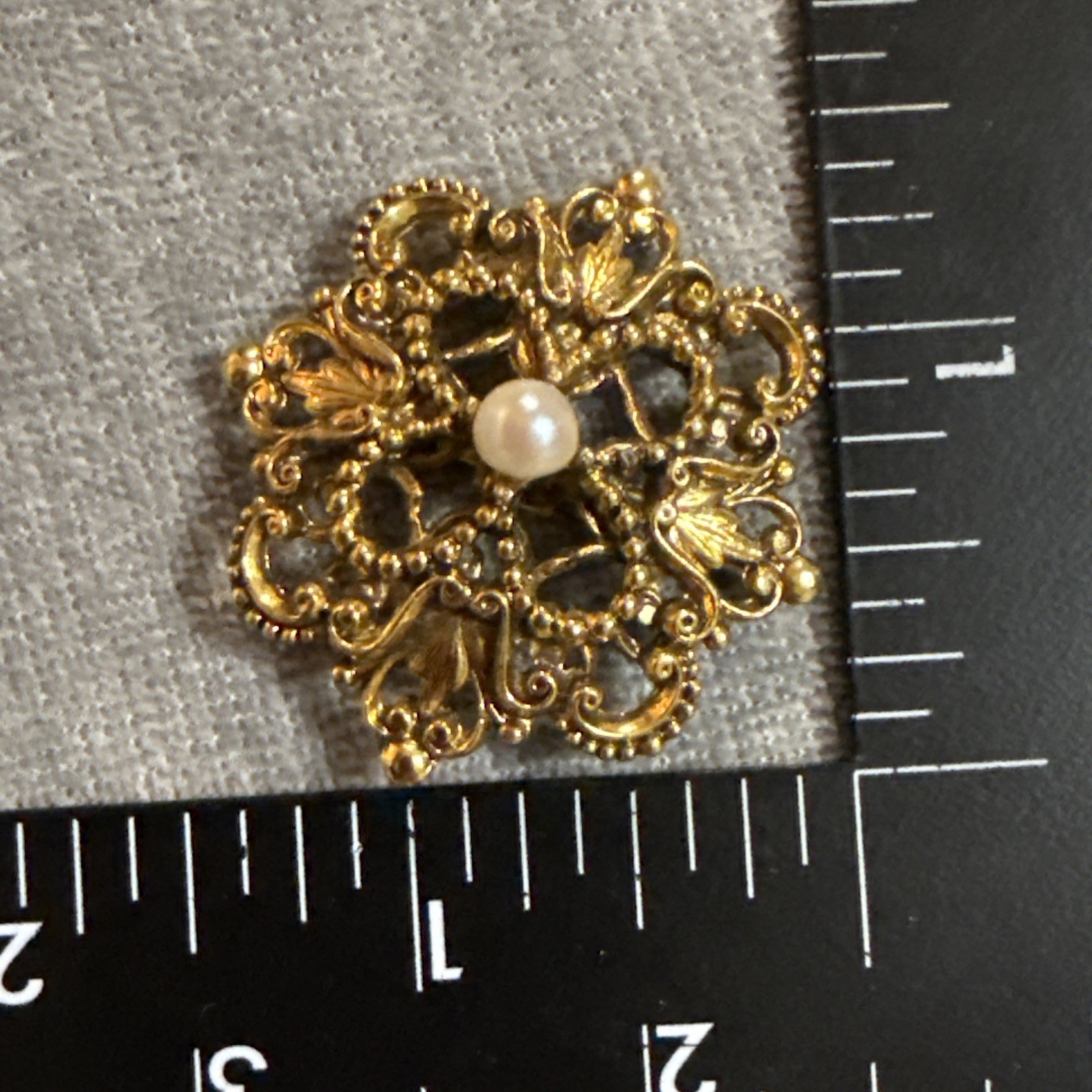 VTG Gold Tone TACOA Victorian Open Scroll Brooch Faux Pearl Floral Pin