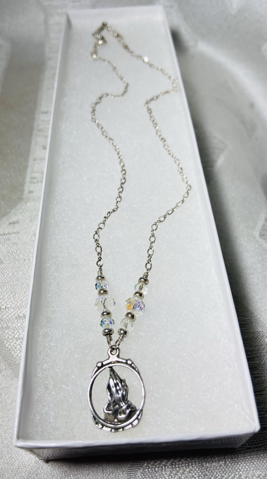 Vintage 925 Sterling Silver Praying Hands Necklace Aurora Crystal Beads 16”