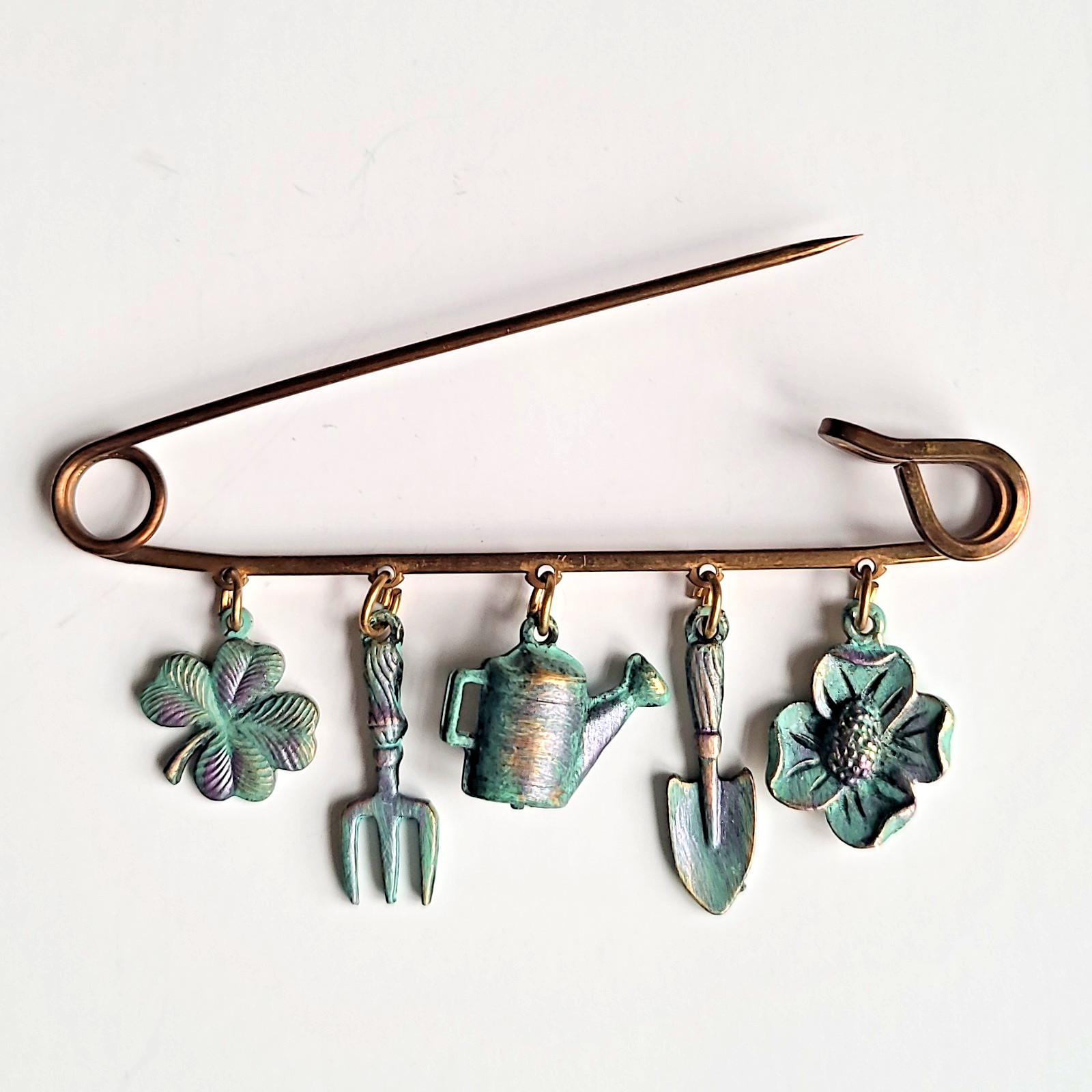 Vintage Gardening Charm Dangle Brass Safety Pin Brooch Handmade Metallic Garden
