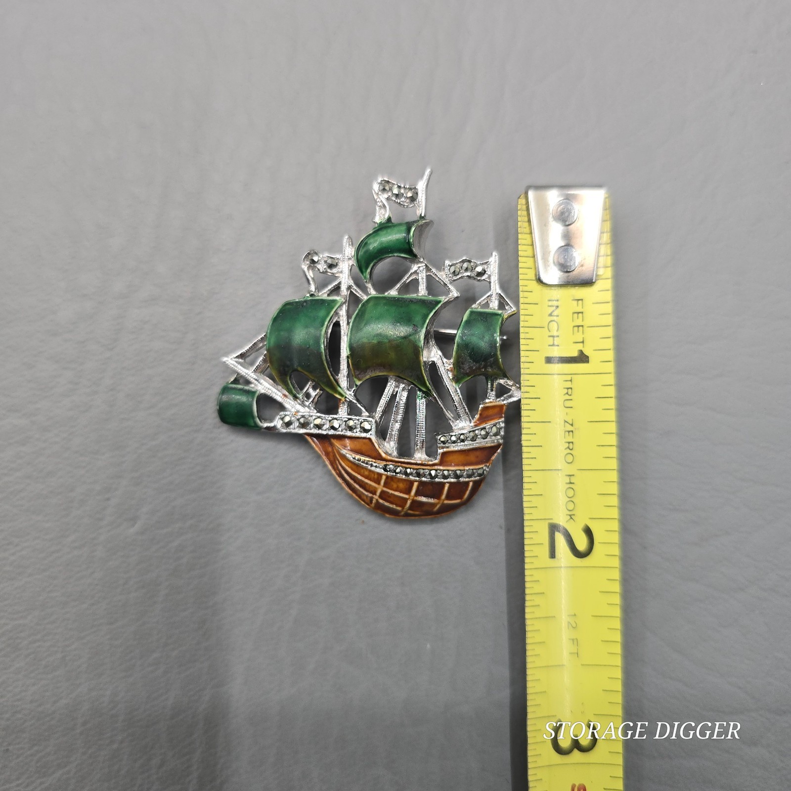 Vintage German Enamel Metal & Marcasite Galleon Ship Brooch Pin 1.75″ Long