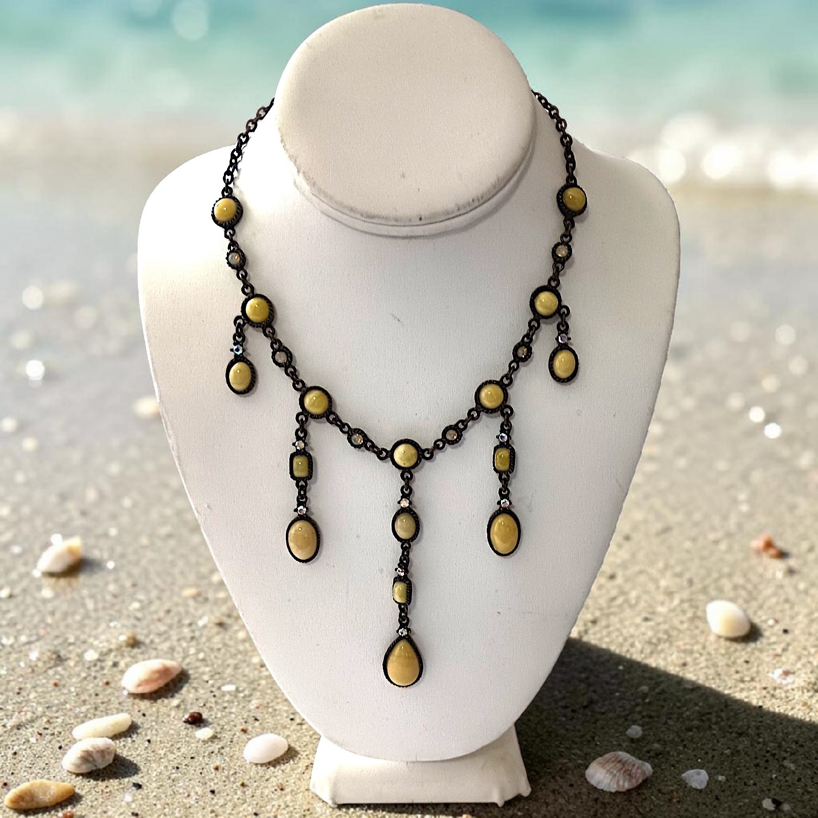 Vtg 90s Chandelier Bib Necklace Statement Egg Yolk Cabochon Art Nouveau Collar