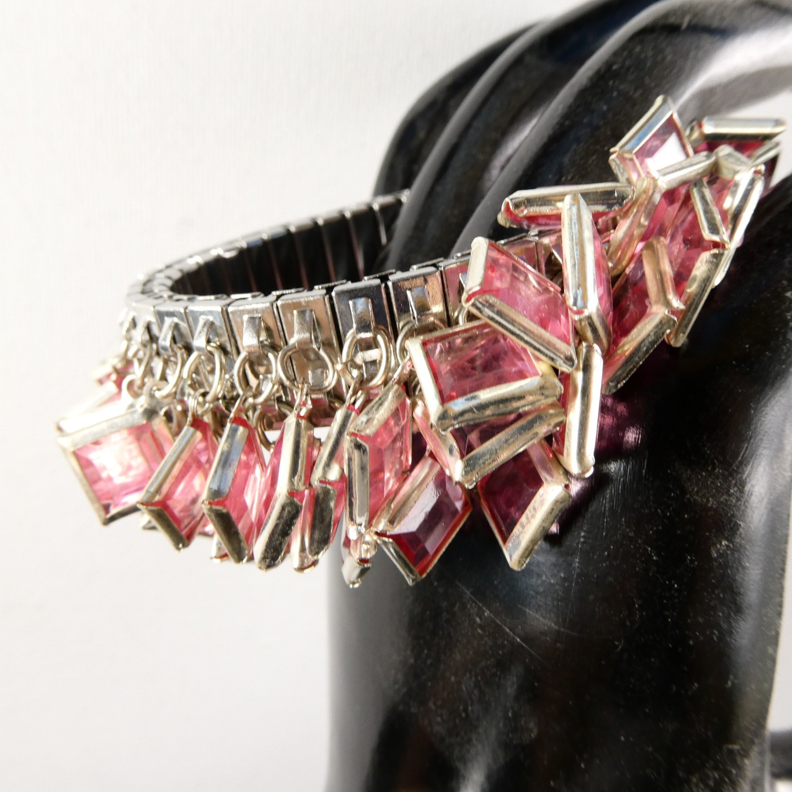 Vintage PINK Square Faux Crystals CHA-CHA Bracelet Silver Tone Expansion Stretch