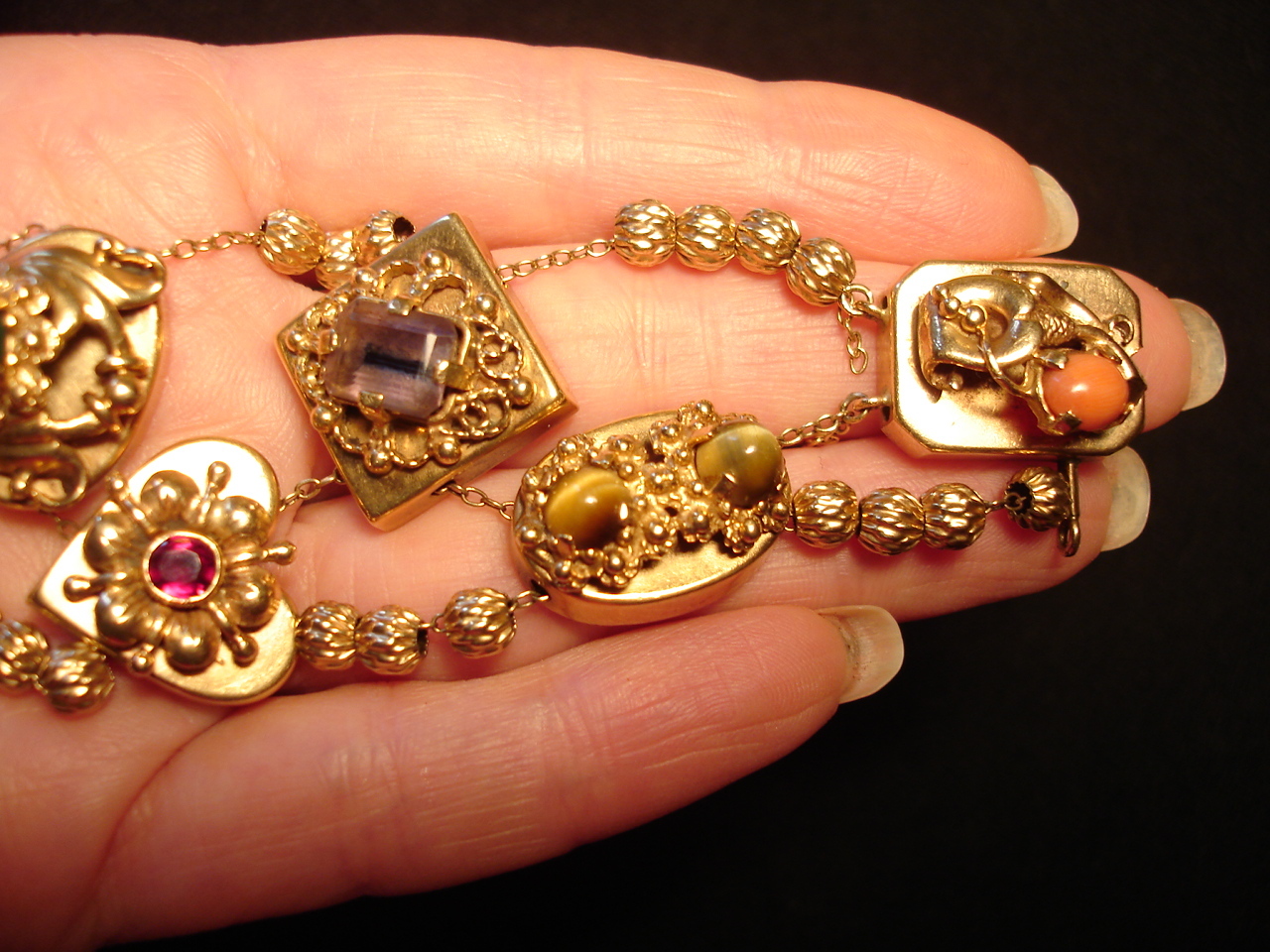 Antique Victorian Vintg Heavy Solid 14K Gold Slide Charm Bracelet 62gr Slides