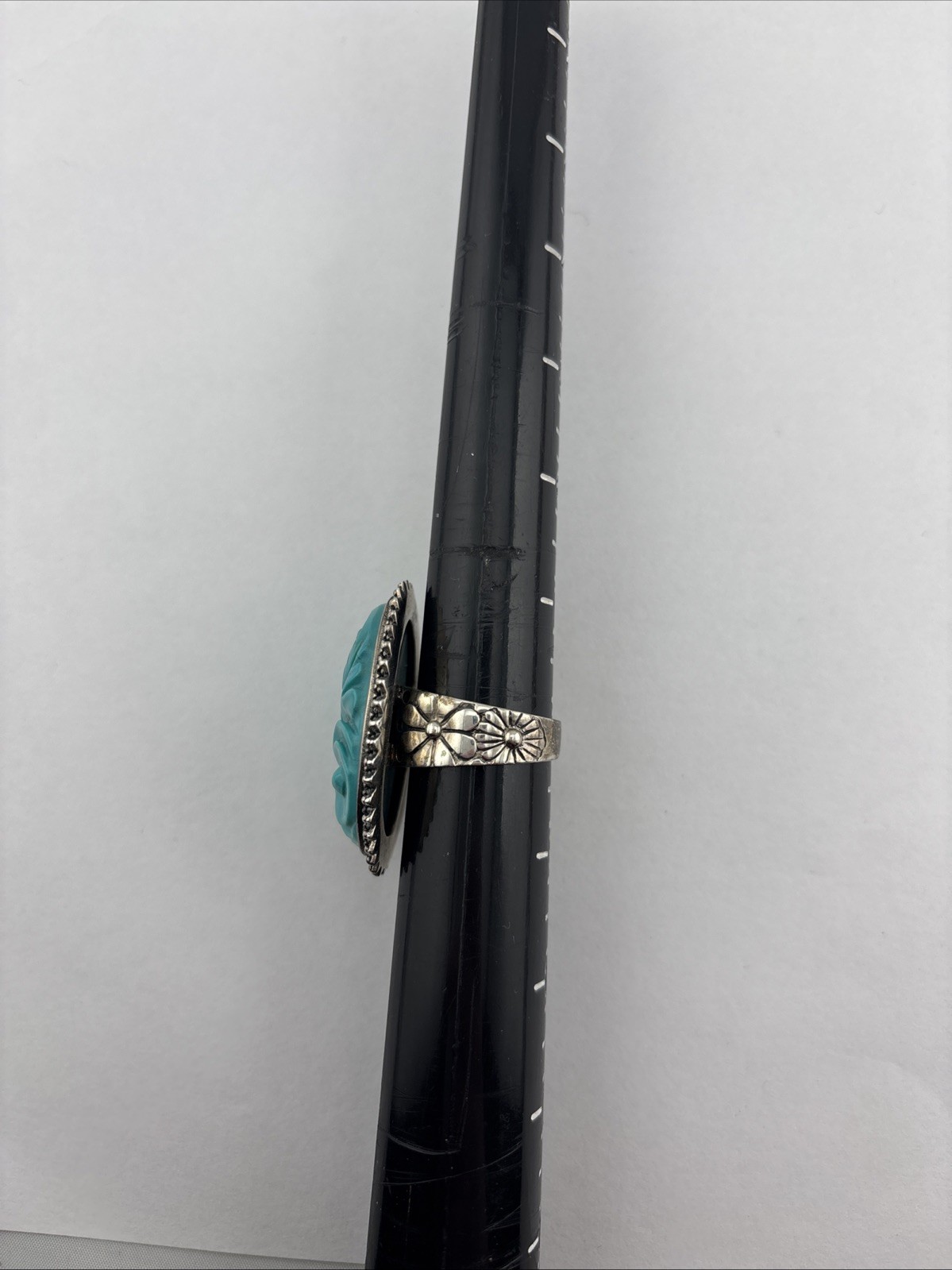 VTG AKR Amy Kahn Russell 925 Sterling Silver Carved Turquoise Size 8 Ring Band