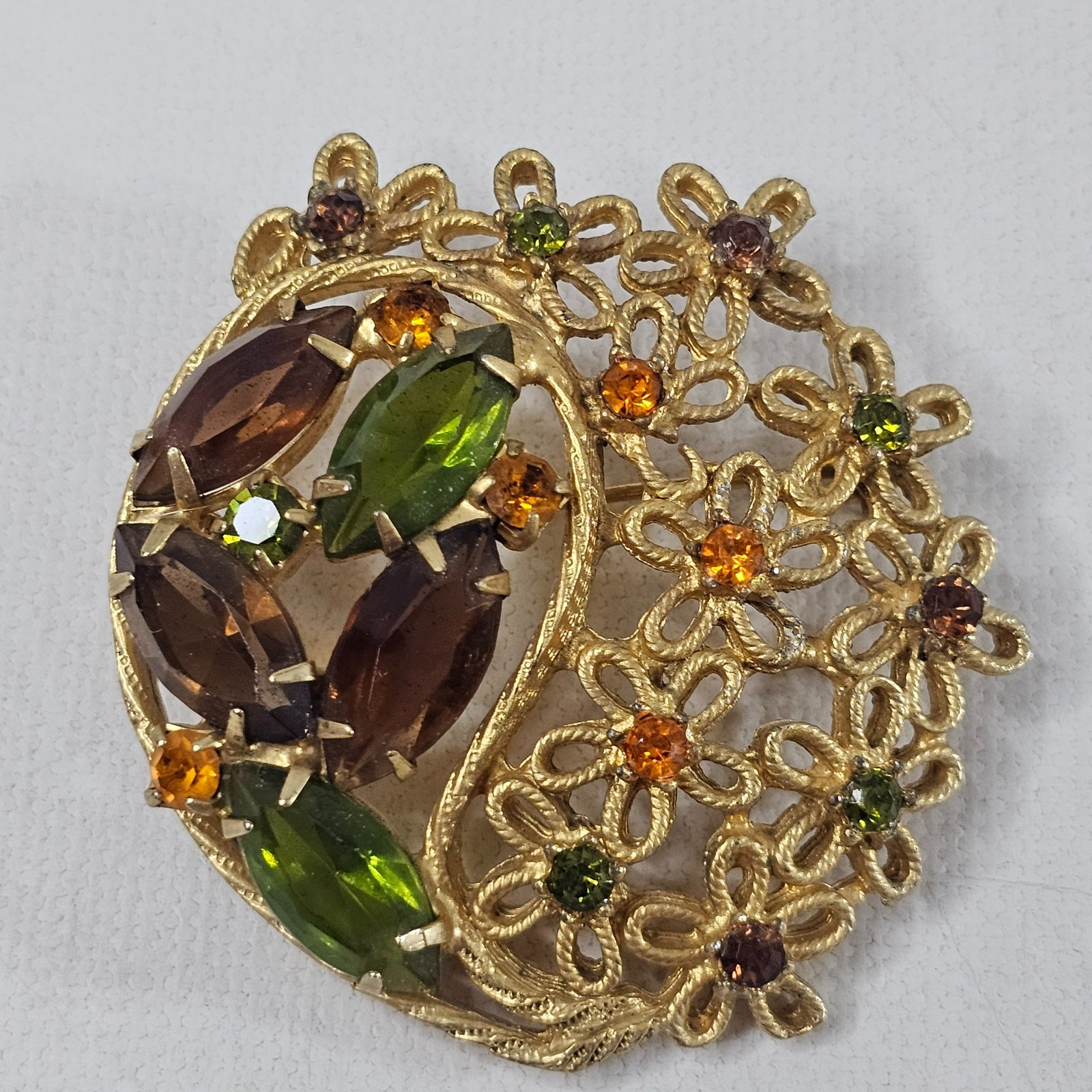 Gold Tone Floral Brooch Fall Colors Open Work Navette Rhinestone Unmarked Pin