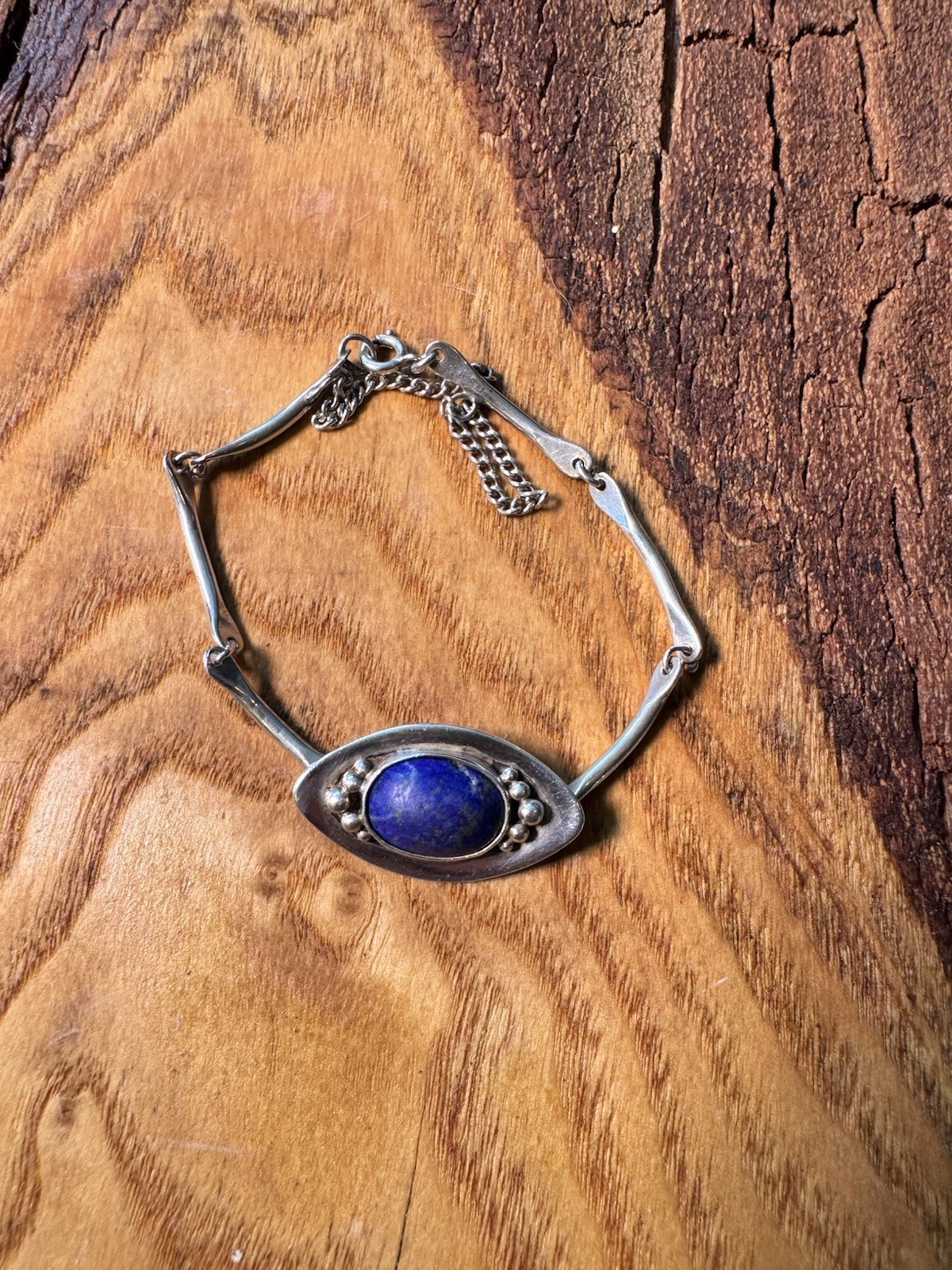 Vintage Sterling Silver Lapis Lazuli Bracelet Modernist Mid Century Safety Chain