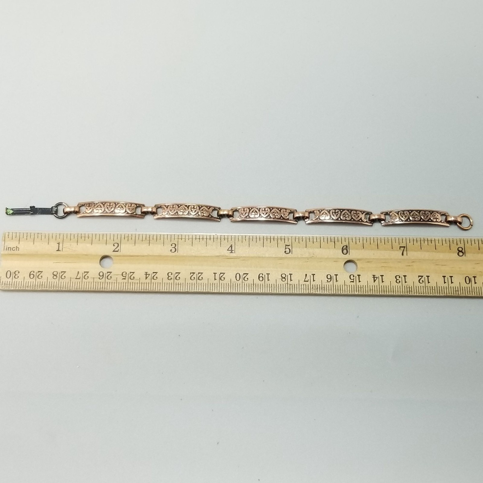 Vintage Solid Copper Heart Pattern 5 Panel Bracelet 7 1/2 Inch Long