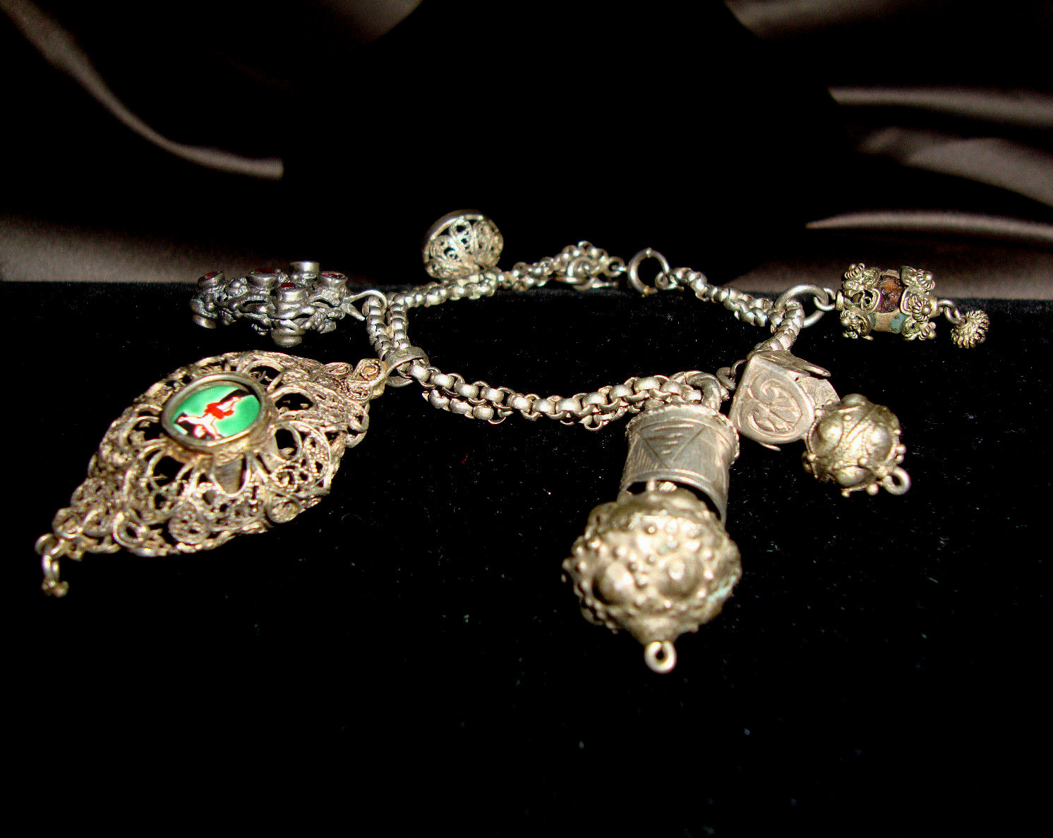 Sterling Silver Etruscan Bali Filigree Fob Charm Rolo Link Double Chain Bracelet