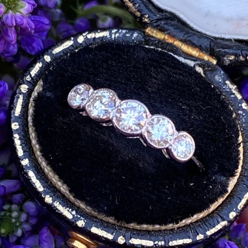 1 Ctw White Round Five Stone Simulated Diamond Art Deco Rubover 925 Silver Ring