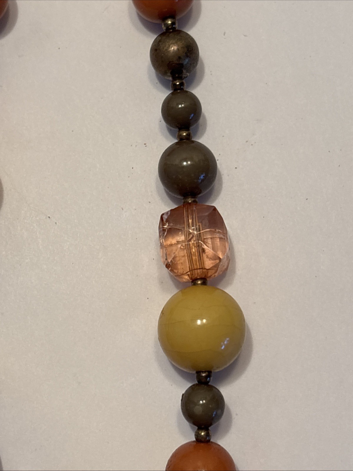 Vintage 70’s Boho Hippie Long Wooden Beads And Lucite Bead Necklace Earth Tones