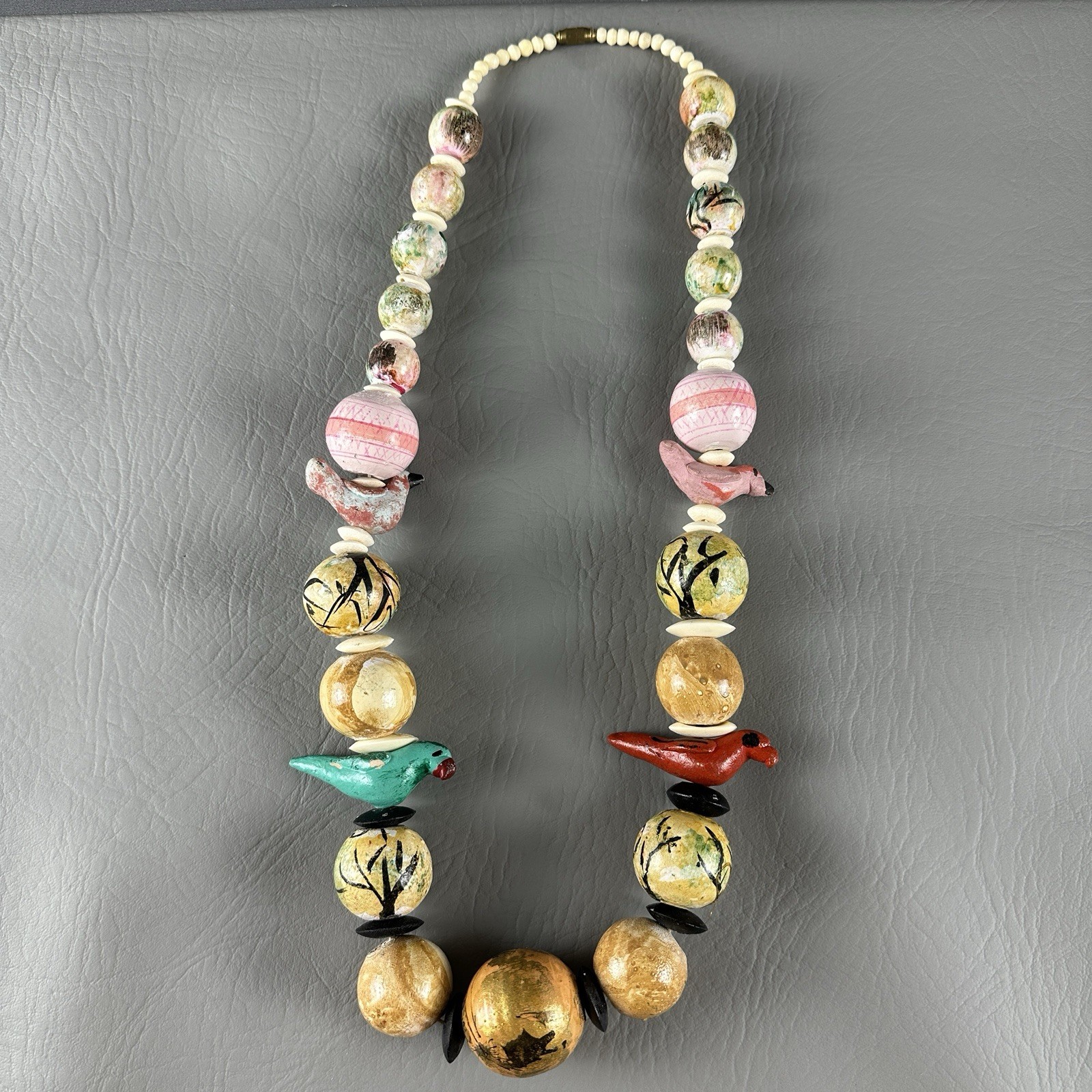 Vintage Hand Painted Necklace Bird Bead Artisan Wood 27”