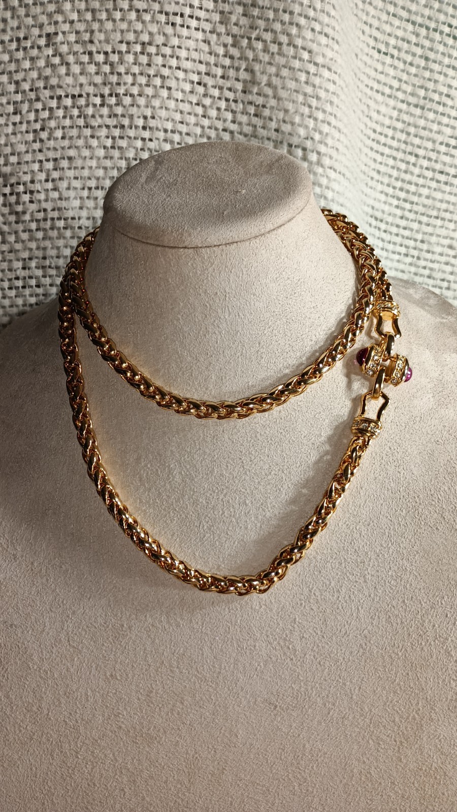 VTG Nolan Miller Chunky Red Cabochon Gold Tone Long Spiga Wheat Chain Necklace