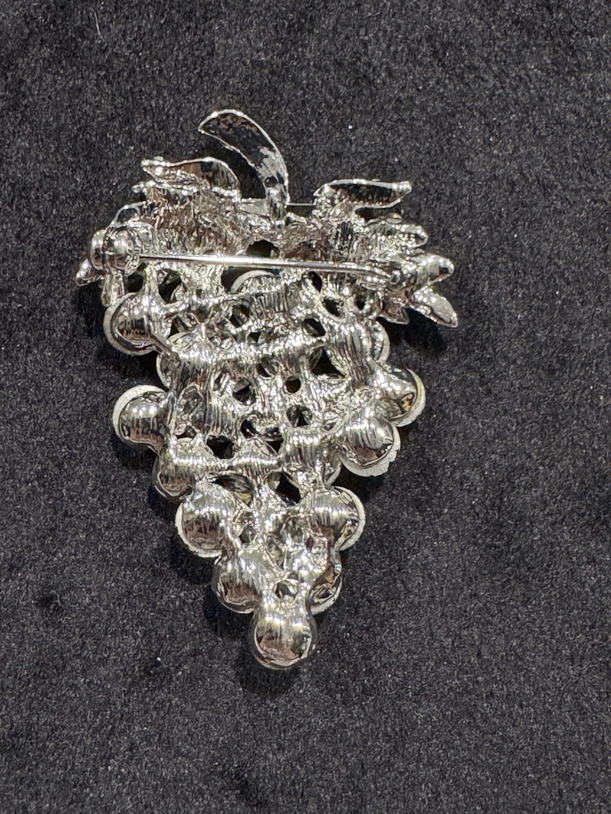 Unique Vintage Clear Rhinestones Bunch of Grapes With Leaves Pin Brooch