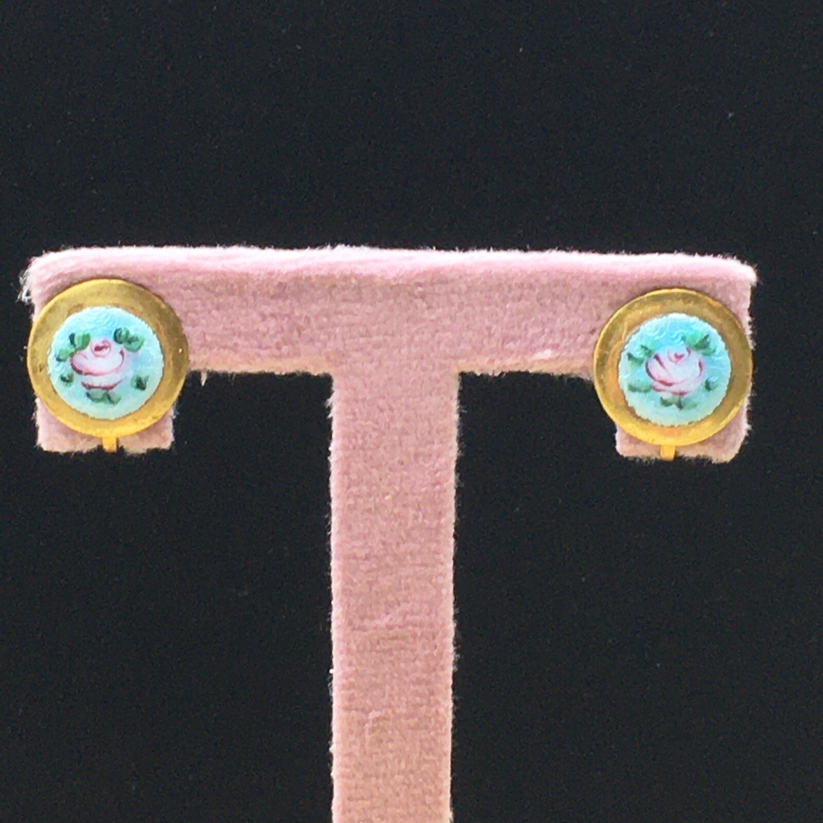 Guilloche Floral Earrings Gold Tone Teal Blue Pink Rose Painted Screw Back .5″