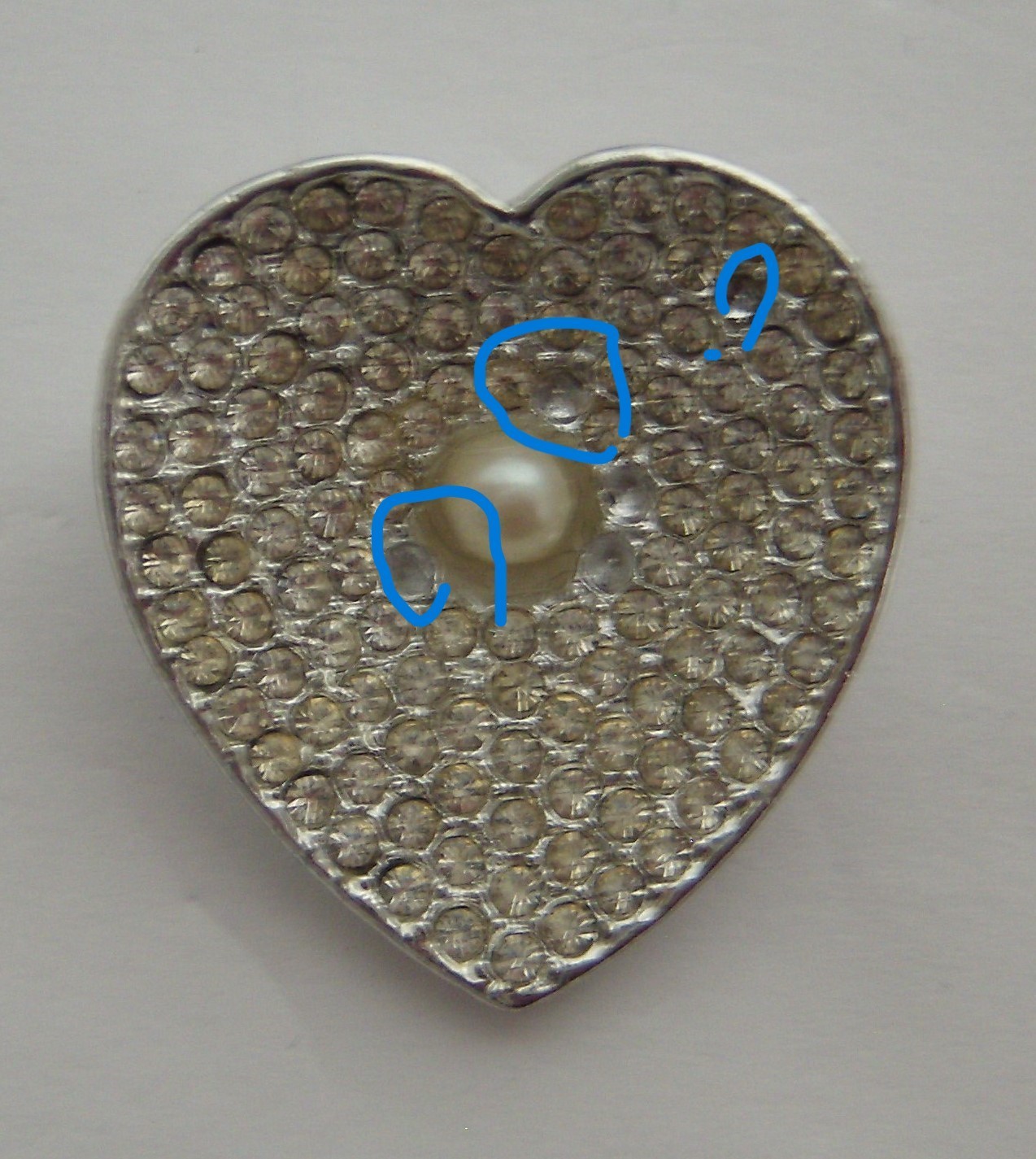 Vintage Silver Tone Pave Rhinestone Heart Brooch with Faux Pearl Center Pin