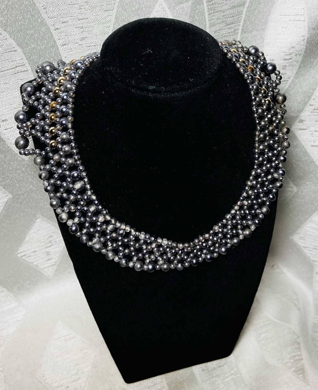 Vintage 1960s Hand Knotted Beaded Collar Necklace Gray Gunmetal Gold Tone Bib
