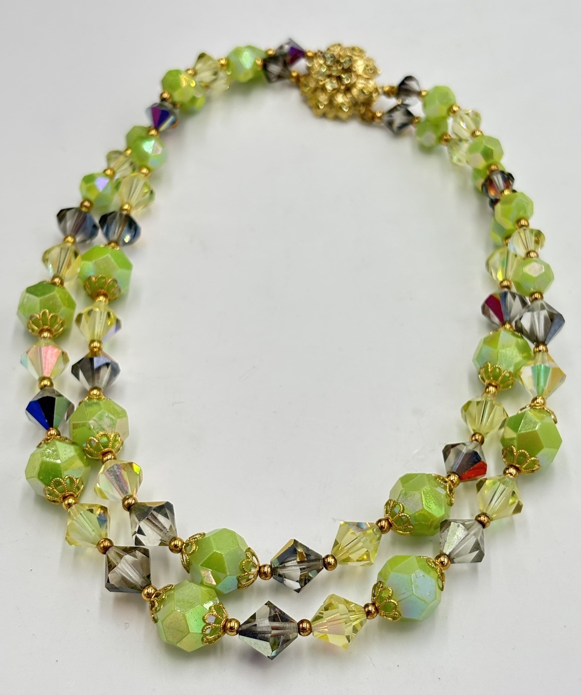 Vintage Lucite Lime Neon Green Beaded Double Strand Necklace 15″