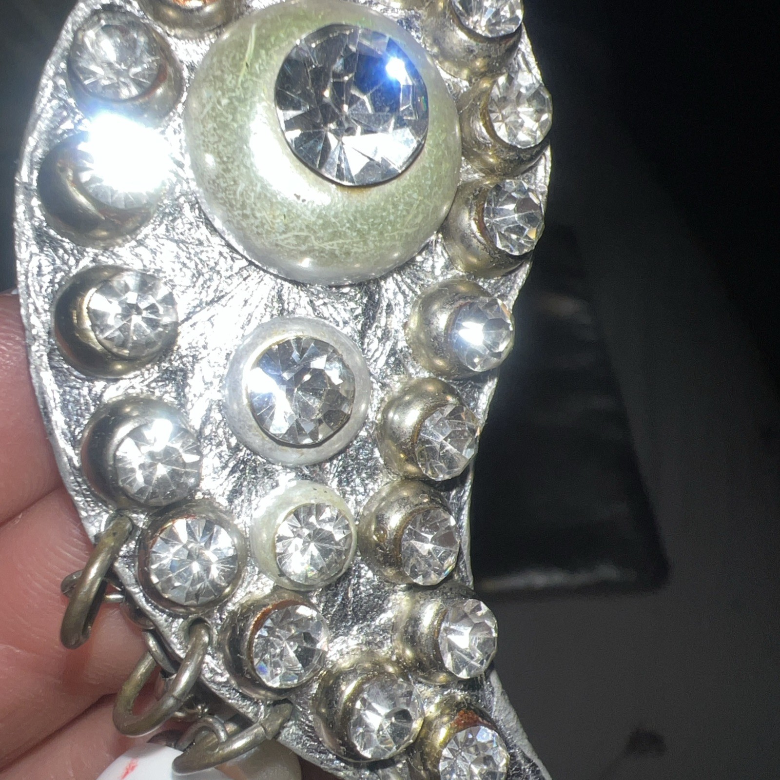 Vintage Silver leather Rhinestone And Pearl Lightweight Clip On Paisley Earrings