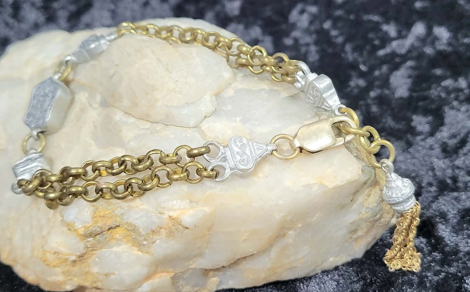 Antique Victorian Double Strand Albertina Bracelet Brass & Silver Tone Belcher