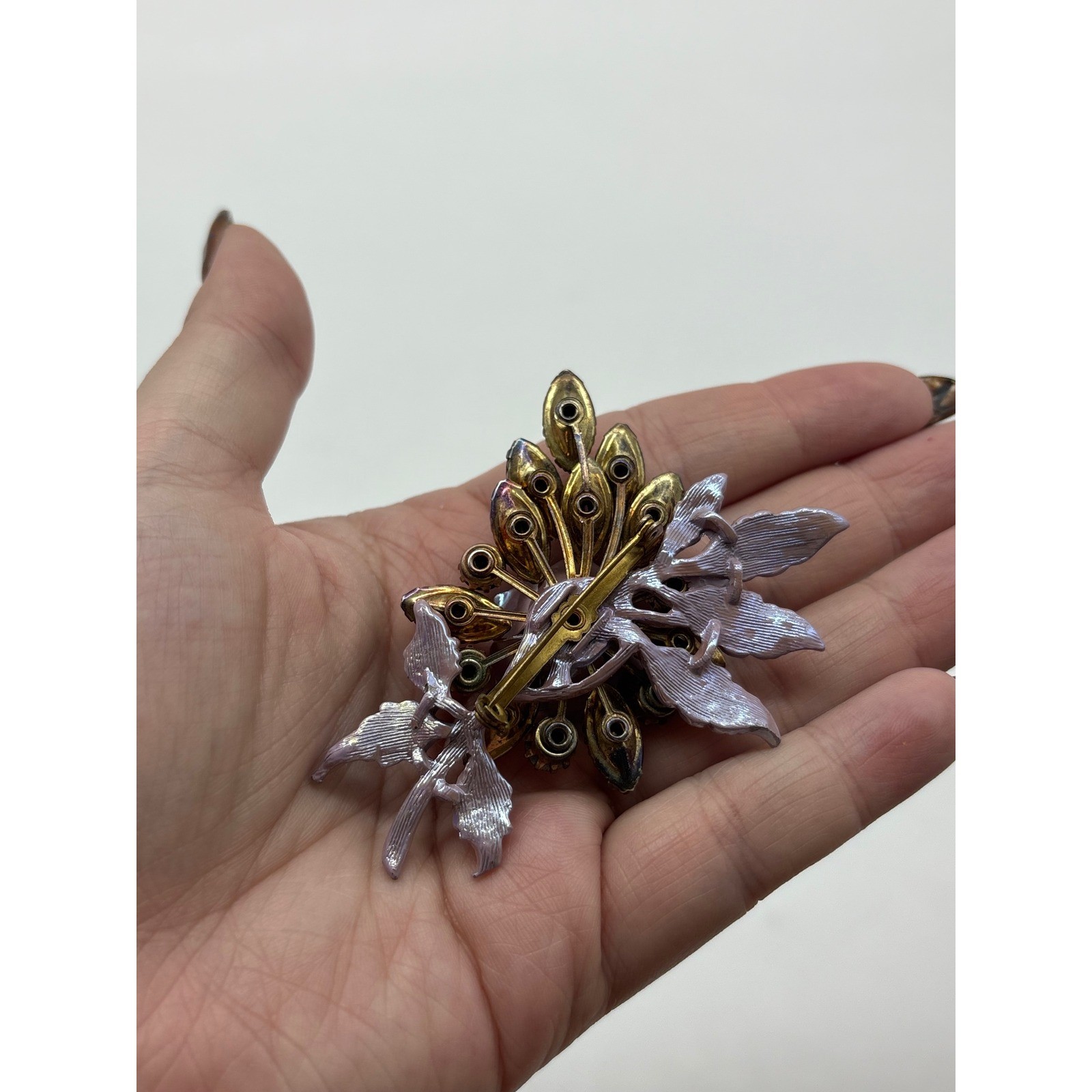 Vintage Purple Enamel Flower Bouquet Brooch Aurora Borealis Rhinestone