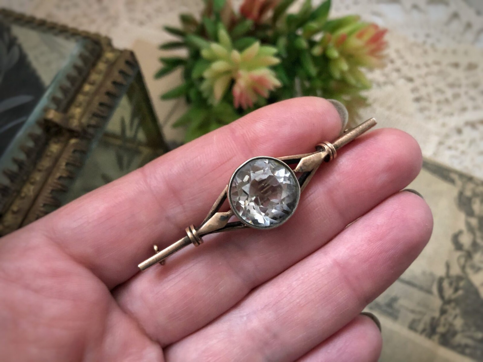 Estate Jewelry Soviet Vintage Brooch Gilt Sterling Silver 875 Rock Crystal USSR