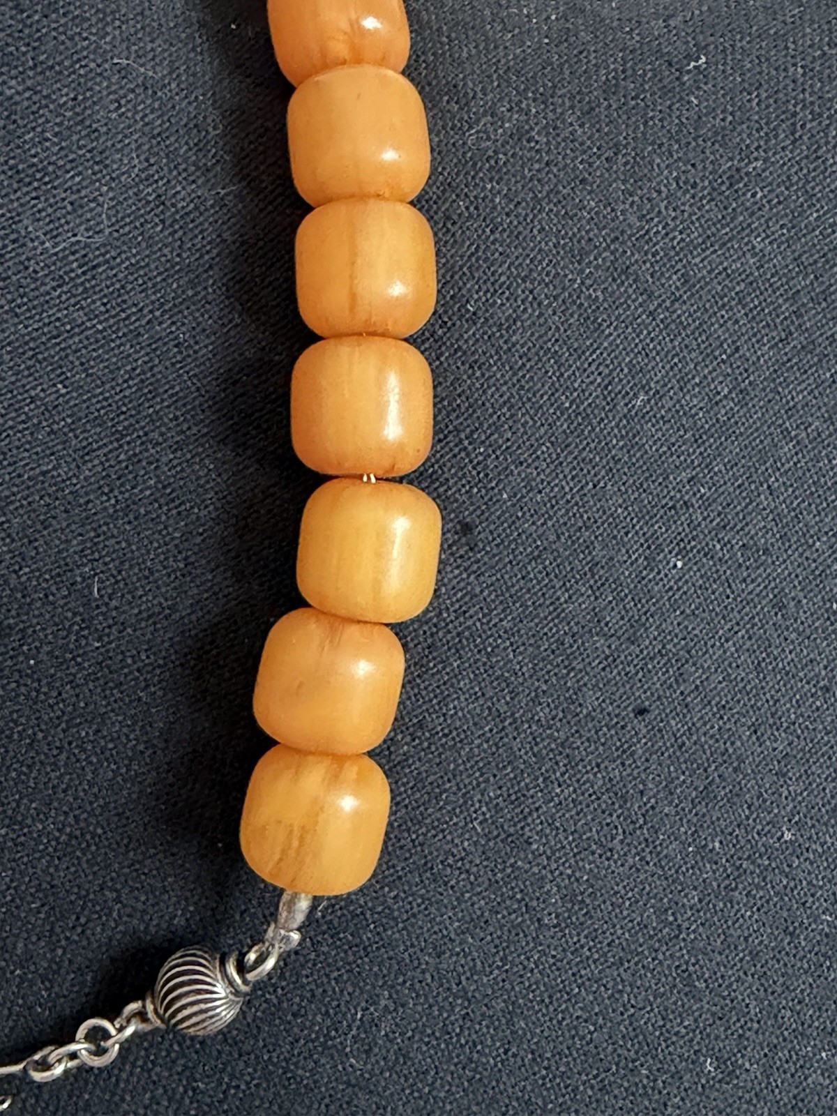 Vtg 925 Sterling Butterscotch Bakelite 17” Necklace BarrelBeads 1cm Tested 85.6g
