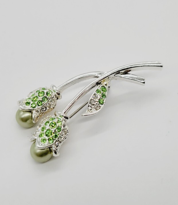 Vintage Flower Bouquet Brooch Green Faux Pearls Silver Tone Crystal Accent