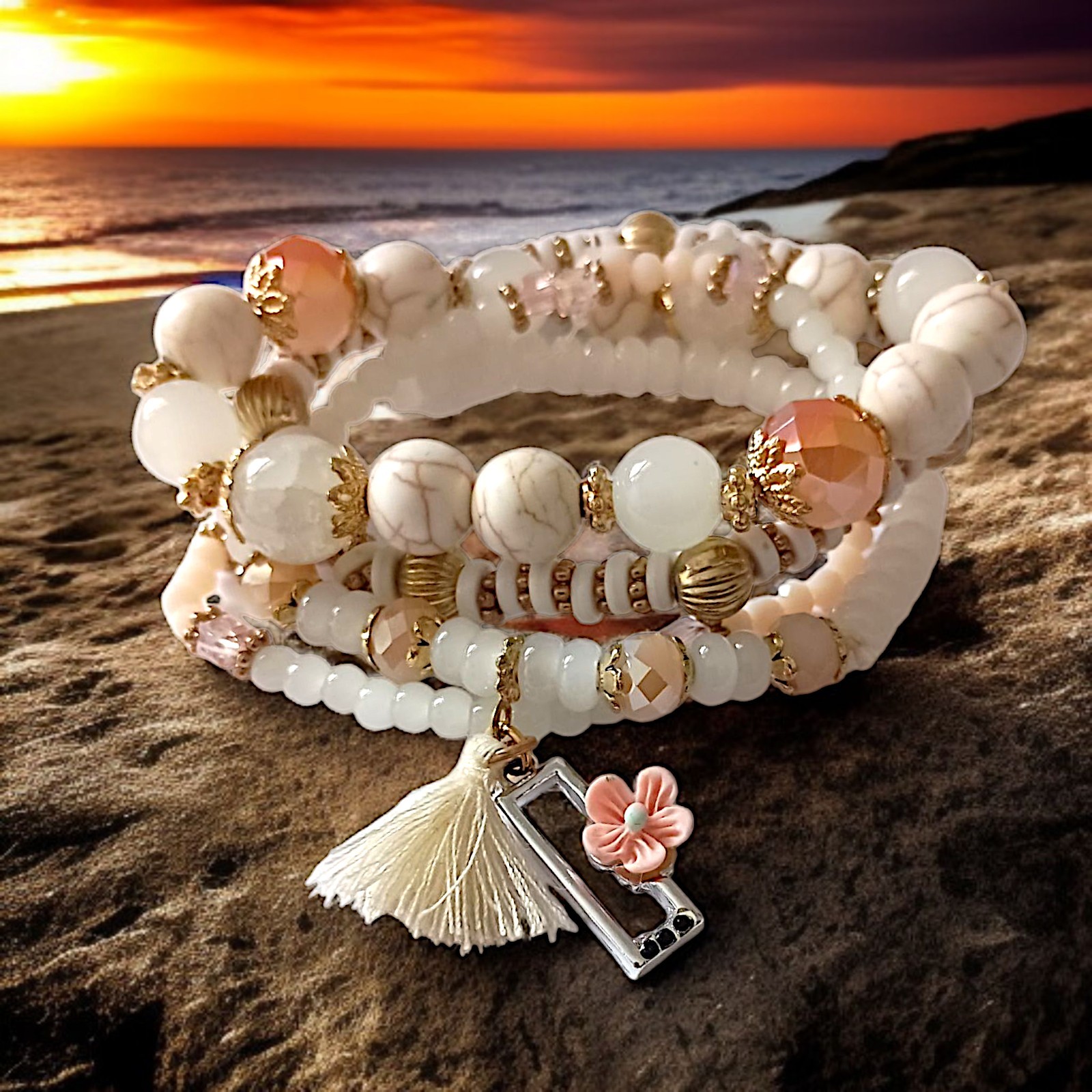 Y2K Multi Strand Beaded Bracelet Glass Stacked Floral Neutrals Fairy Indie Boho