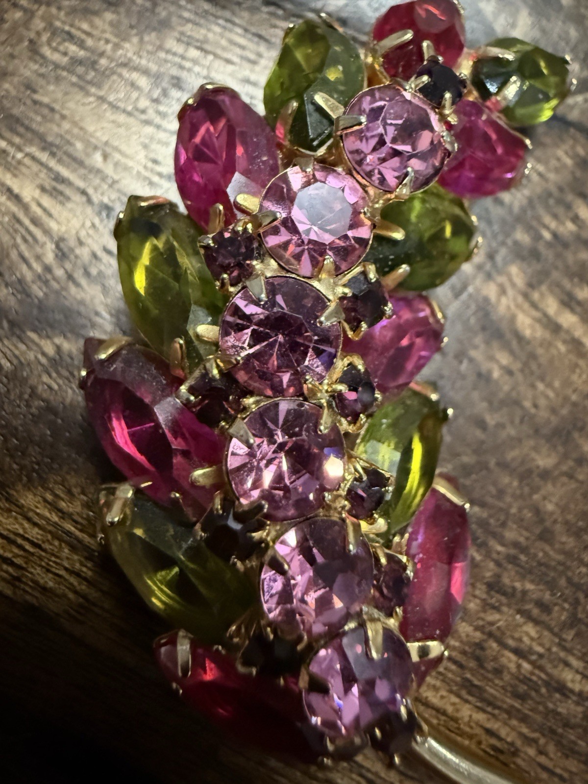 Vintage Gold Tone Domed Leaf Pin/Brooch w/ Pink and Green Prong Set Glass Stones