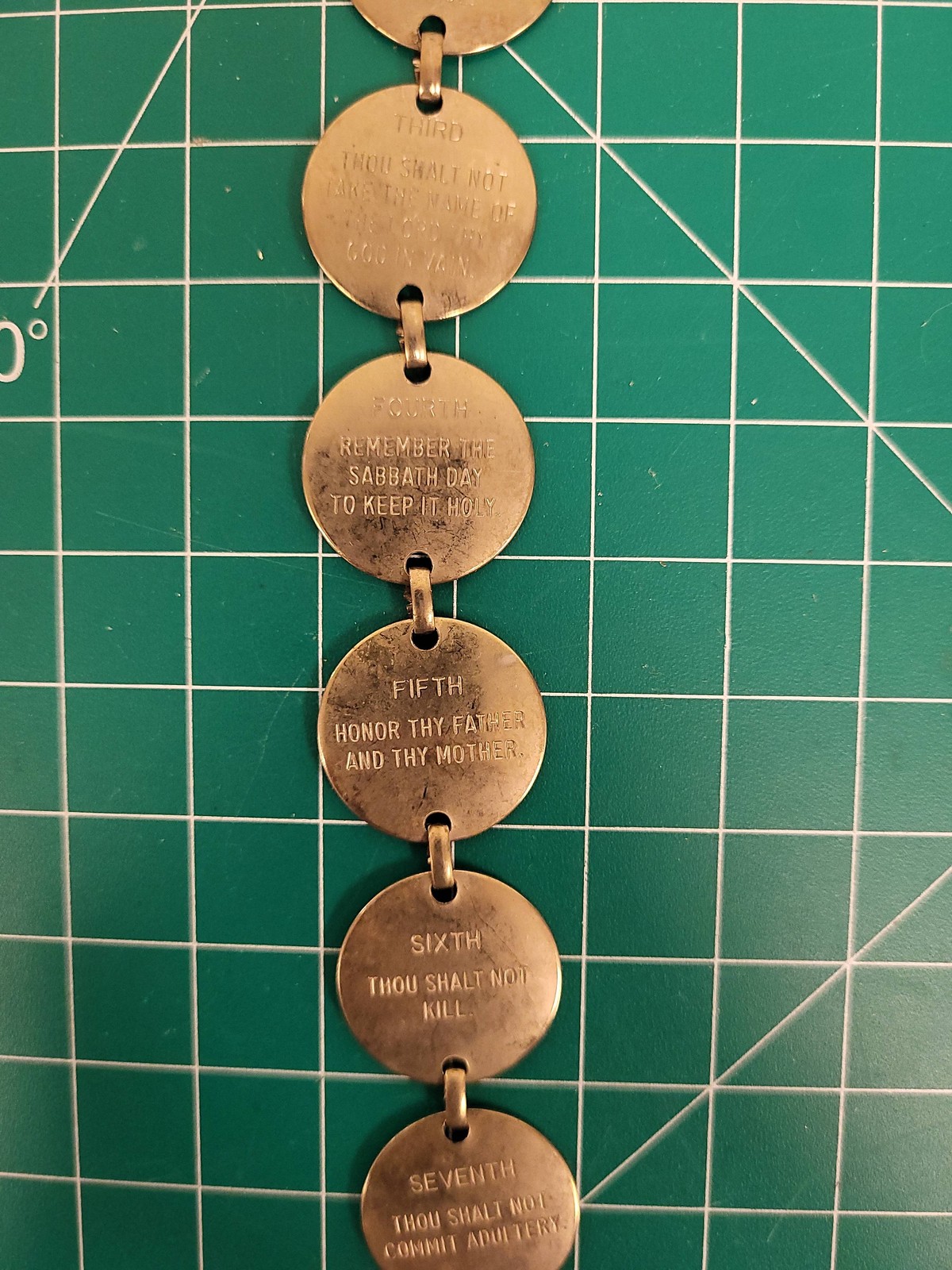 Vintage Ten Commandments Gold Tone Religious Medallion Coin Link Bracelet Clip