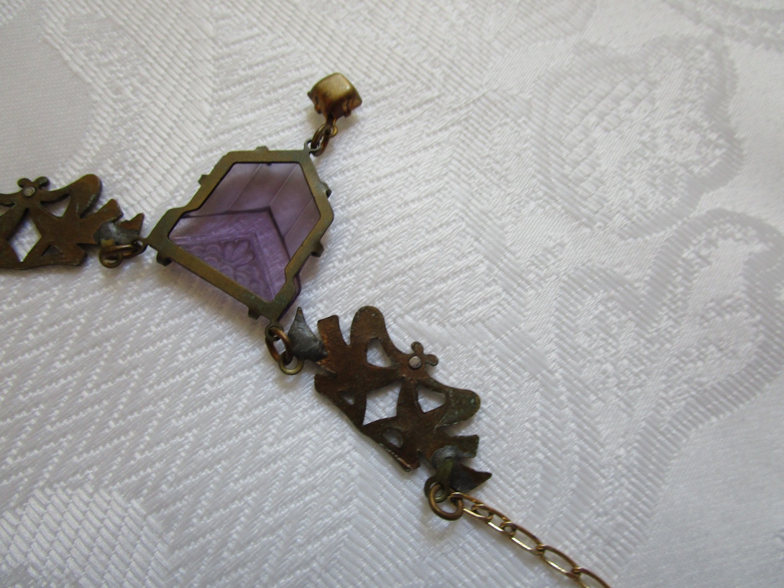 Vintage Glass Works Studio Purple Glass Clear Rhinestone Necklace 19” L Rare