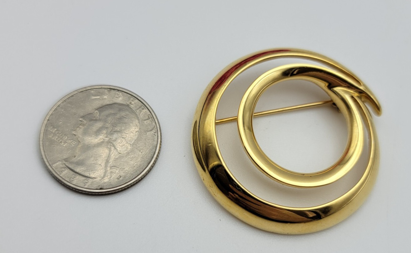 Vintage Signed MONET Gold Tone Brooch Double Circle Open Work 39 mm Modernist