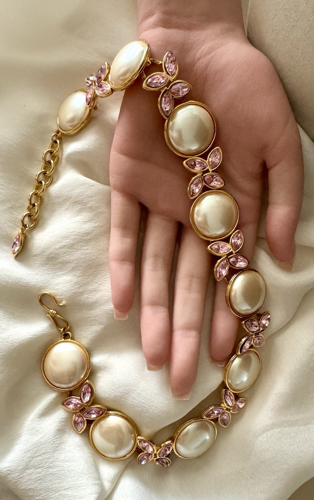 Vintage Monet Runway Necklace Faux Pearls Pink Crystal Gold Tone Statement