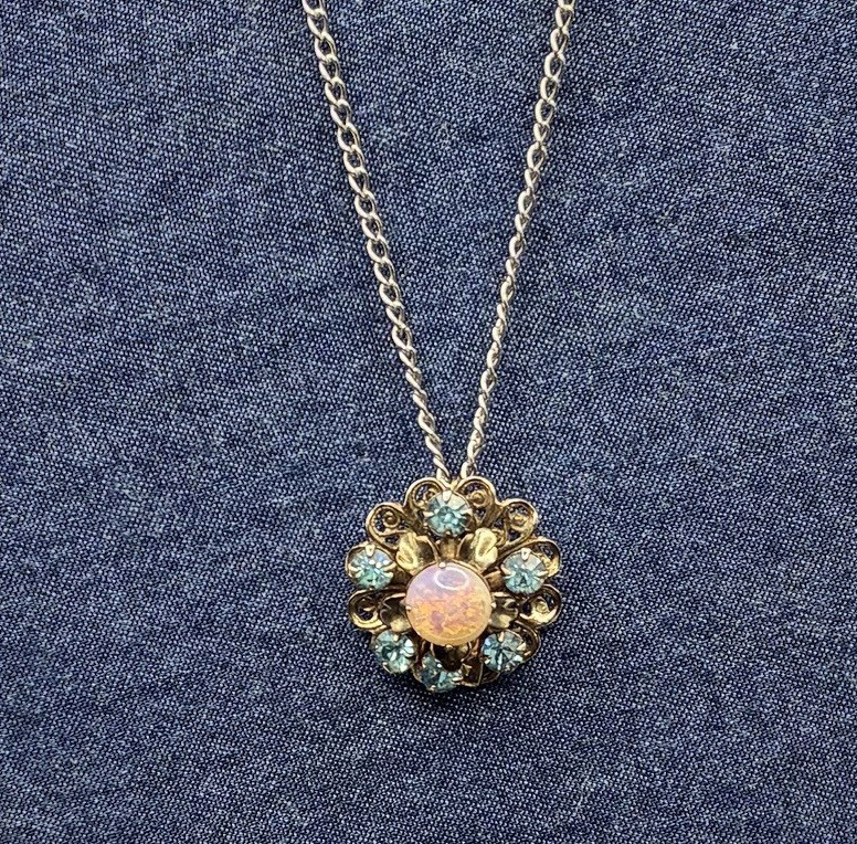 Custom Vintage Faux Opal & Blue Rhinestone Pendant Necklace, Very Fetching! OOAK
