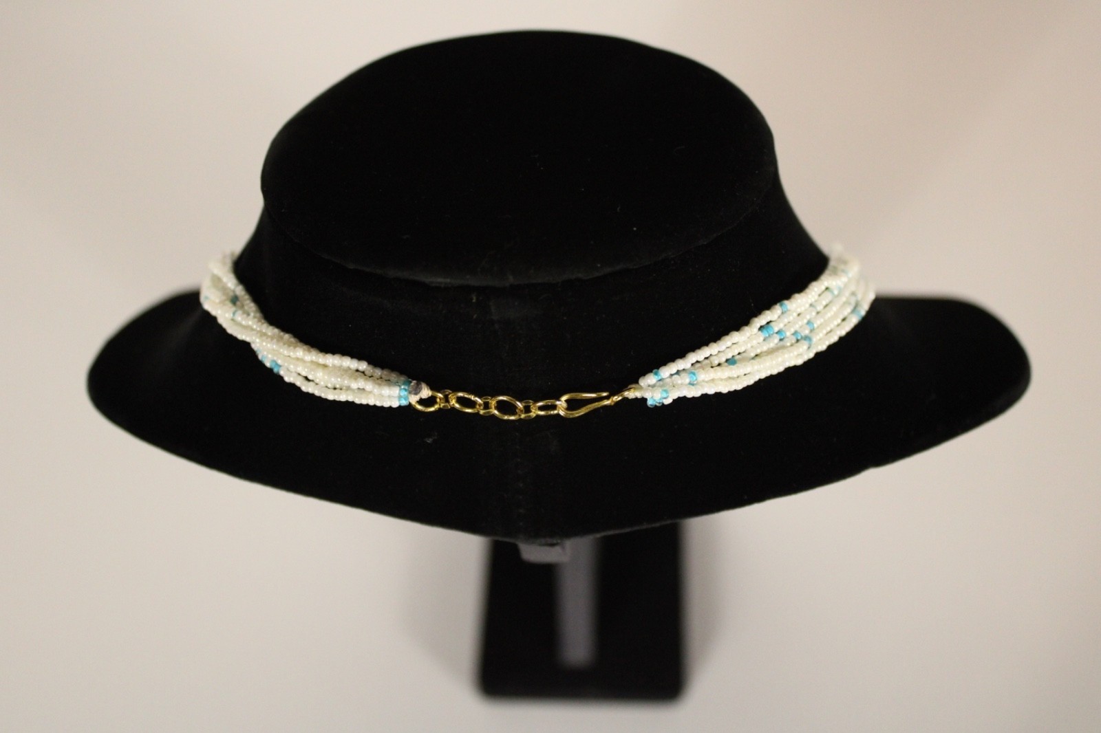 Beaded Necklace Light Sky Blue Pearl White 24″ 6 Strand Tiny Seed Bead Handmade