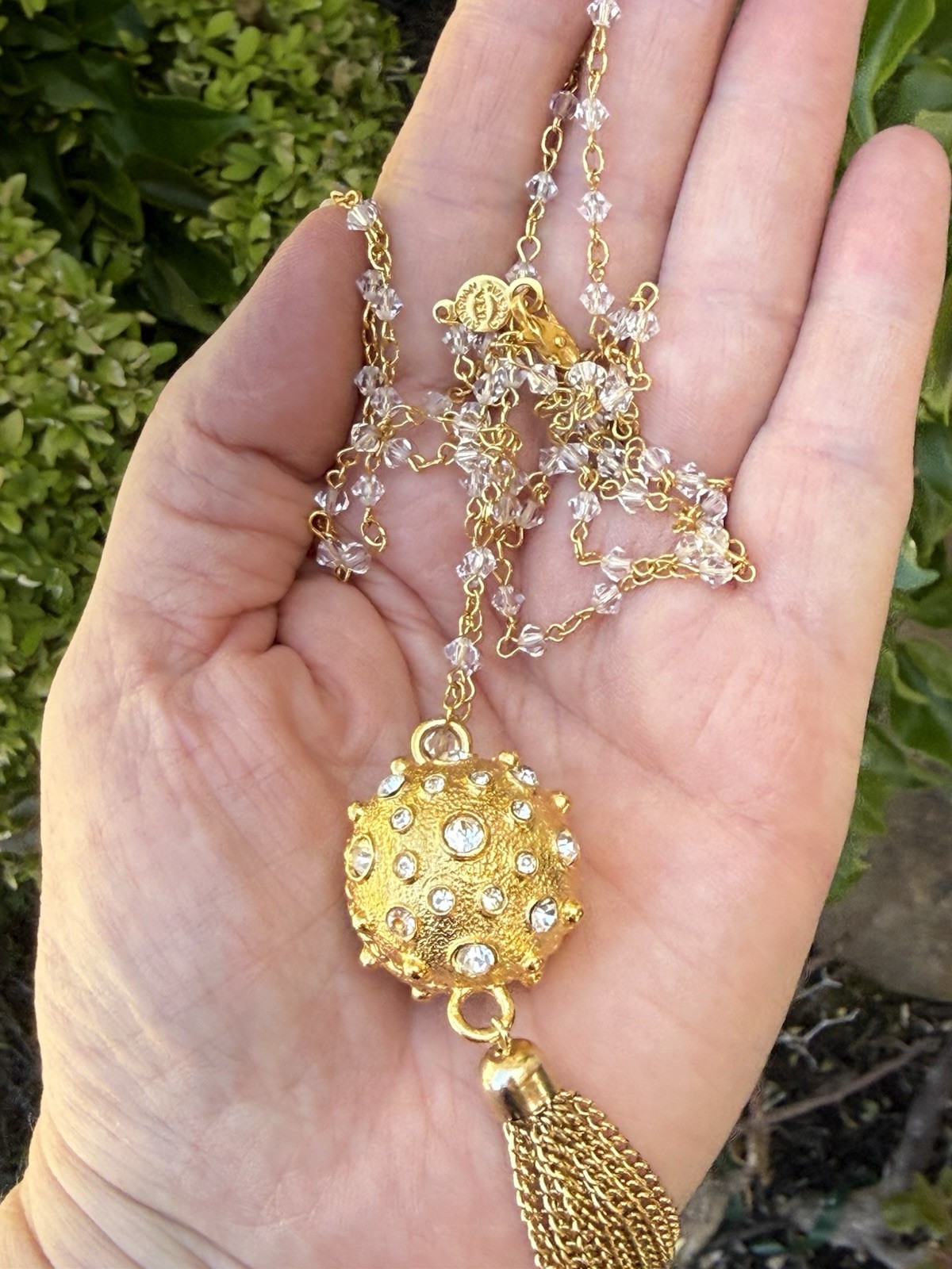Vintage Austrian Crystal USA Gold Tone Ball Tassel Fringe Pendant & Necklace
