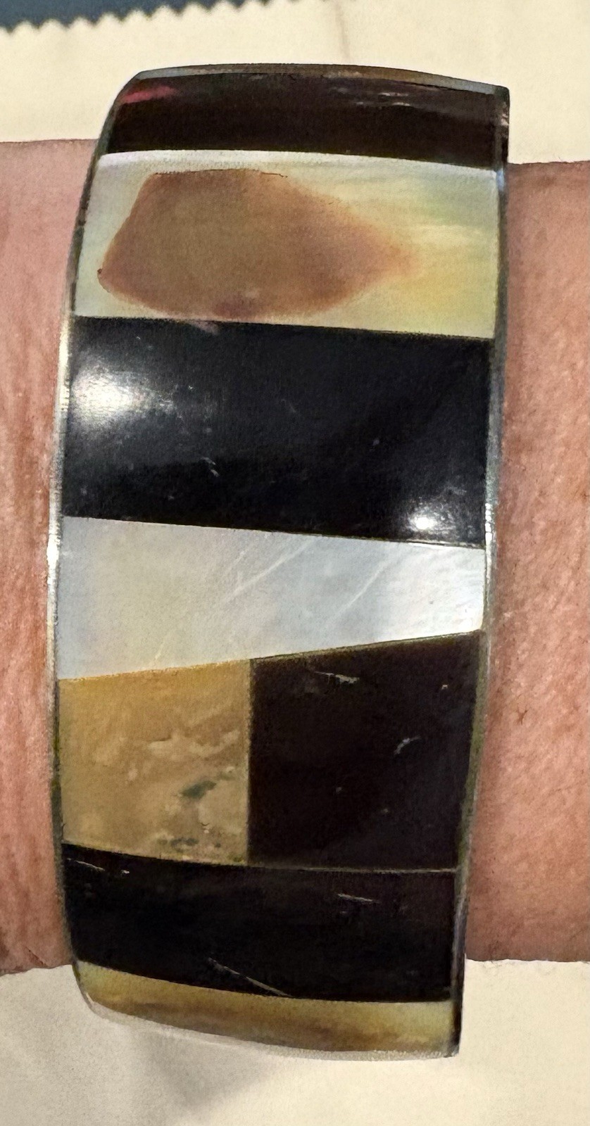 Vintage Silver Tone With Shell And Stone Inlay Cuff Bracelet, 2.5 inch diameter